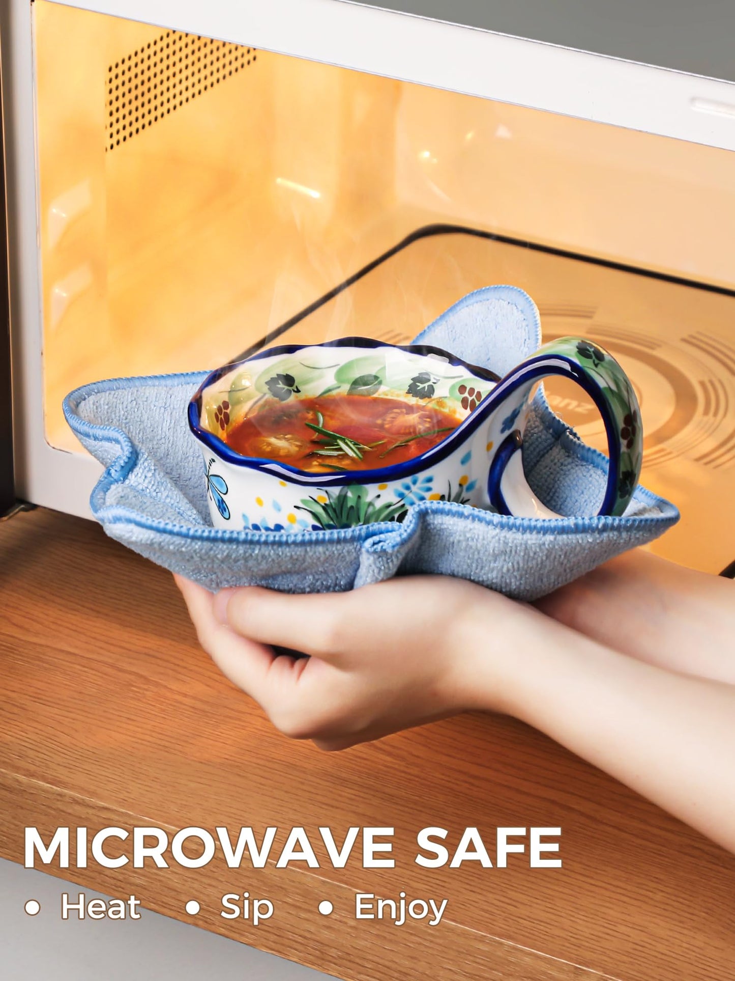 CKERAVOX Soup Bowl with Handle, Microwavable Ceramic Soup Mug with Bowl Snuggies, Handpainted Soup Cups for Stew, Fruits, Chili, Gift for Women Mother, Petite Floret
