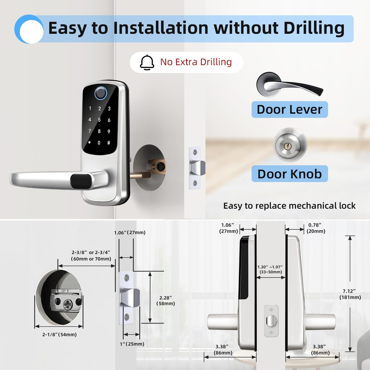 Smart Door Lock with Handle,Keyless Entry & Remote Access,Fingerprint Keypad Exterior Lock,Smart Locks for Front Door,Home,Airbnb & Rental,Electronic Deadbolt Lock,One-Time Password with TT Lock