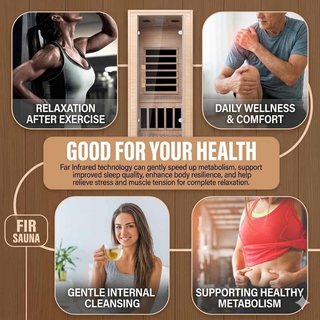Homsido 1-Person Far Infrared Sauna, Canadian Hemlock Wood, 1200W 5-Panel Heat, 7-Color Ambient Light & Oxygen Bar, Bluetooth, 149°F Max Temp, Personal Home Sauna for Gym/Apartment, 32"x34"x67"
