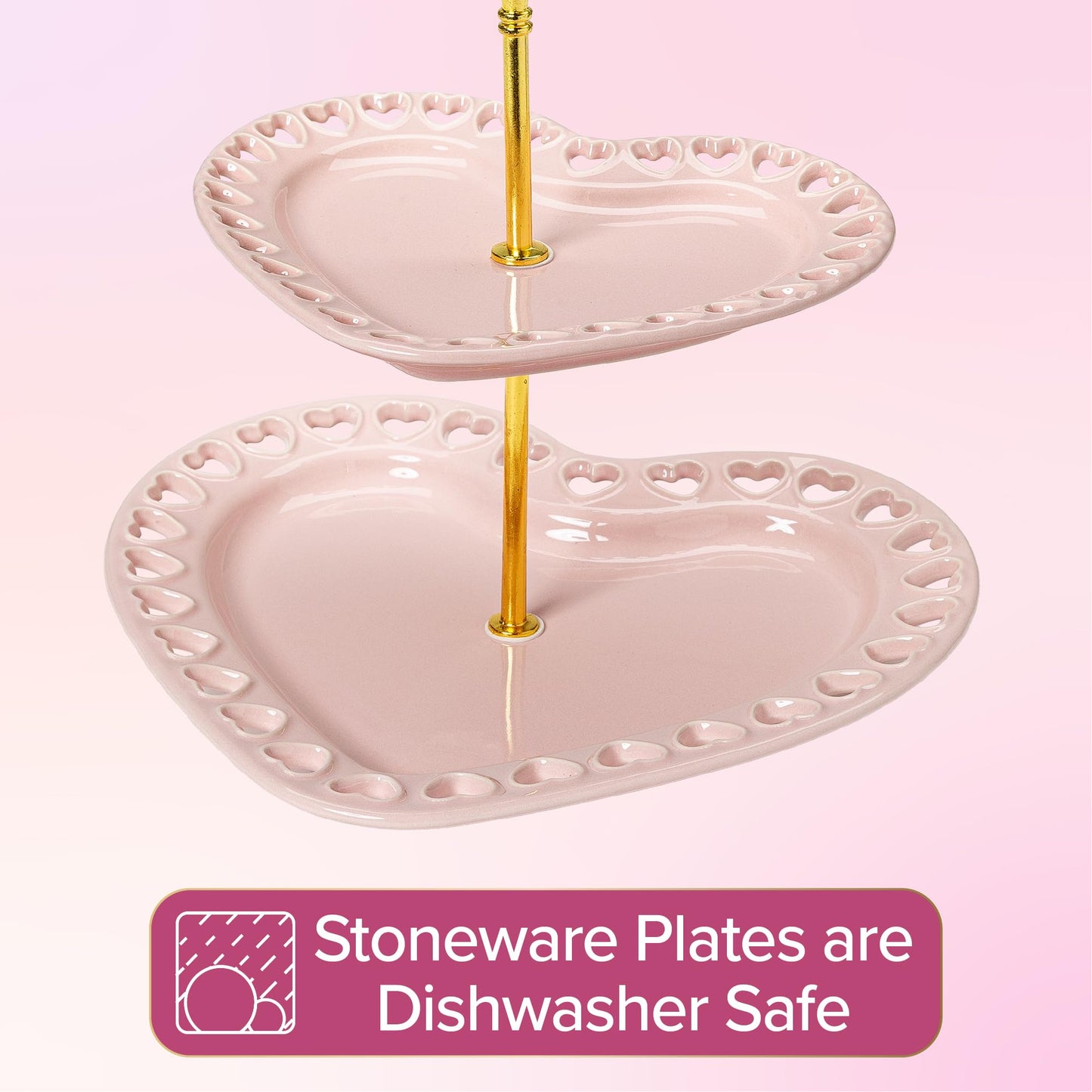 Paris Hilton 2-Tier Heart Serving Tray, Iconic Ceramic Stoneware with Metal Handle, Easy Assembly for Stylish Display, 9-Inch and 7-Inch Plates, Pink