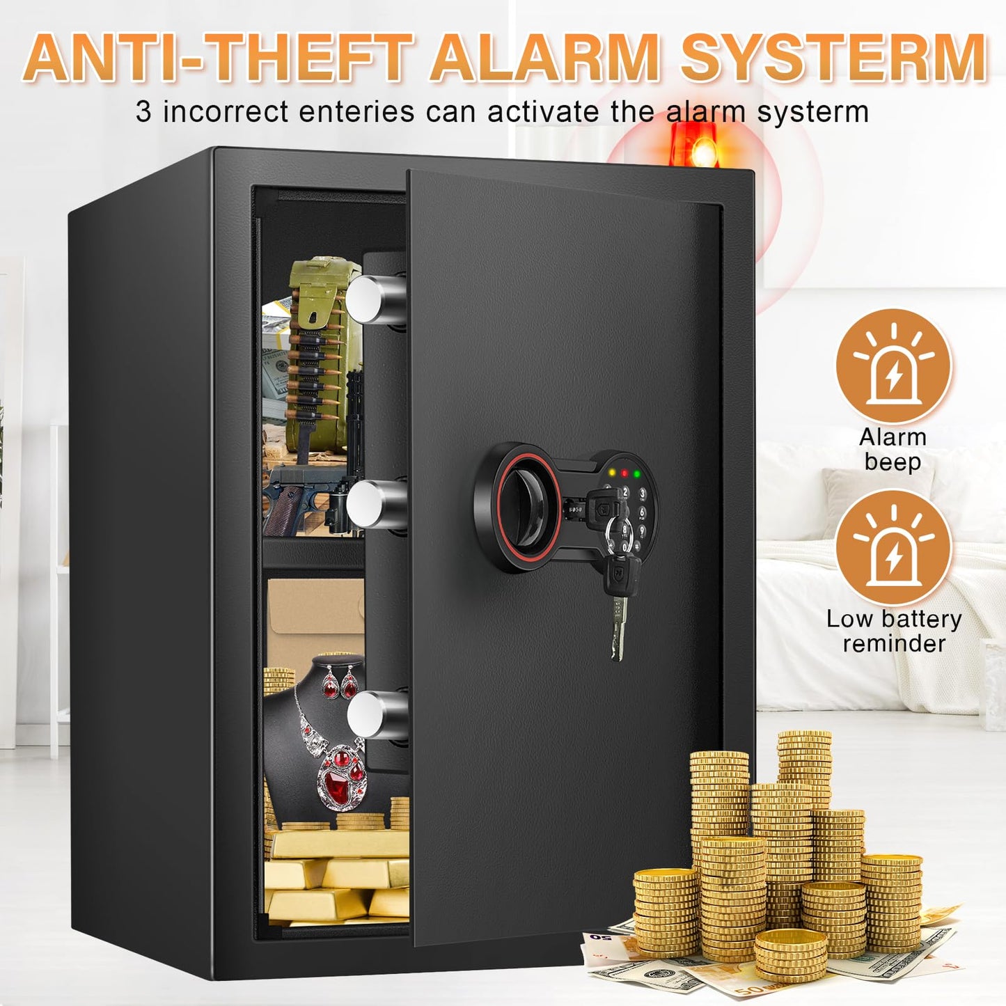 [19.7" Tall] Large Home Safe Box, Anti-theft Safes with Dual Alarm System, Digital Keypad and Spare Keys, Wall/Floor Mountable, Fire Proof Safe for Home Money Firearm Documents Medicines
