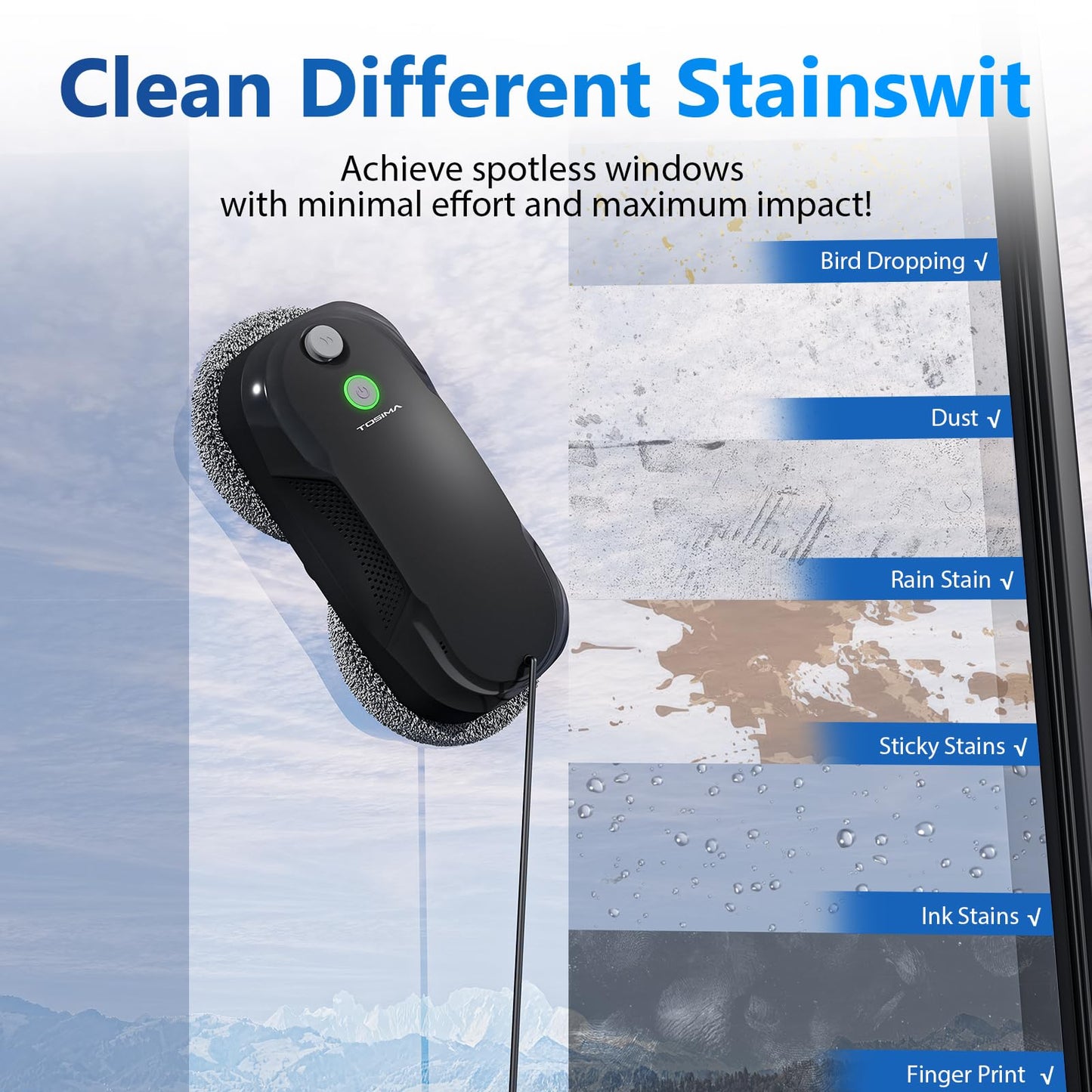 Tosima W5 Window Cleaning Robot, Dual Direction Auto-Spray Smart Window Cleaner with Triple Safety System, Smart Navigation, Remote Control, for All Smooth Surfaces, with 8 Rags, Black Robotic Vacuums