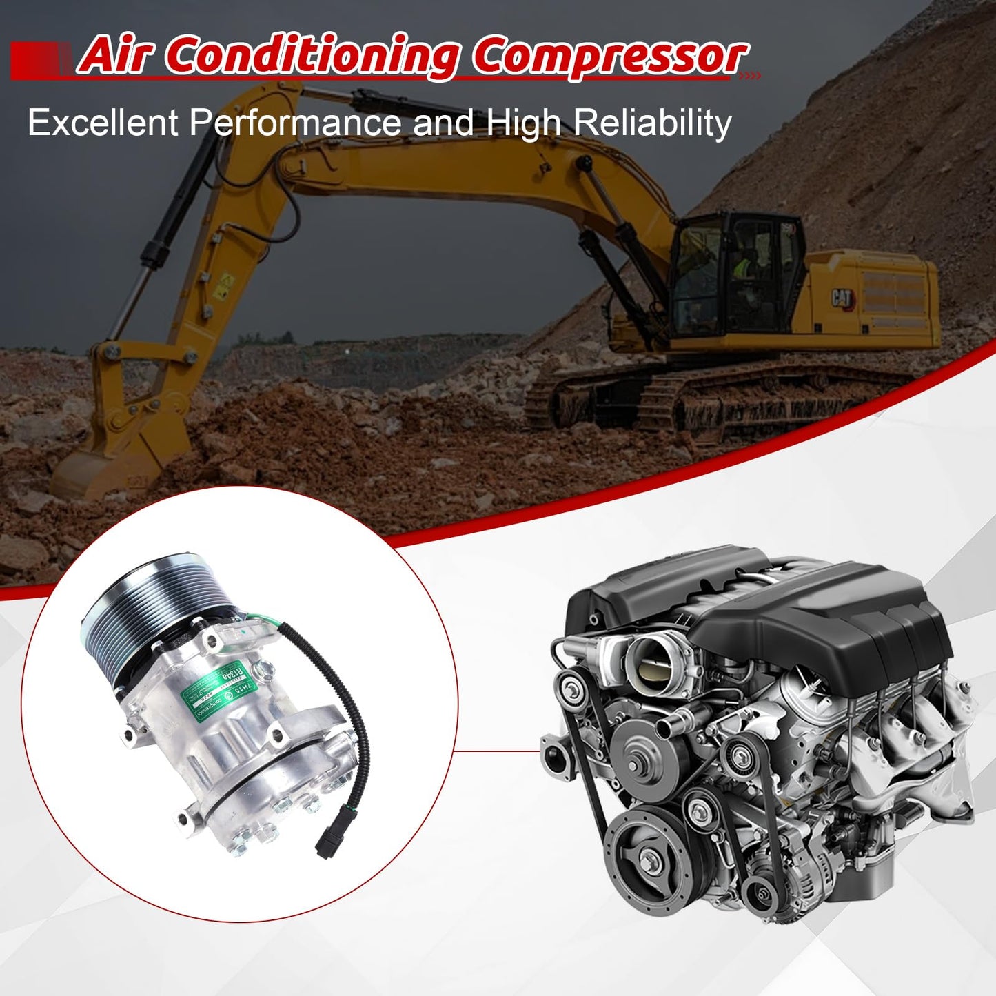 Worldthump AC Compressor, E320D2 372-9295 3729295 Air Conditioning Compressor Replacement for Caterpillar Excavator 320E 320D 329E 324E 320D2 323D2 329E 323F 330F