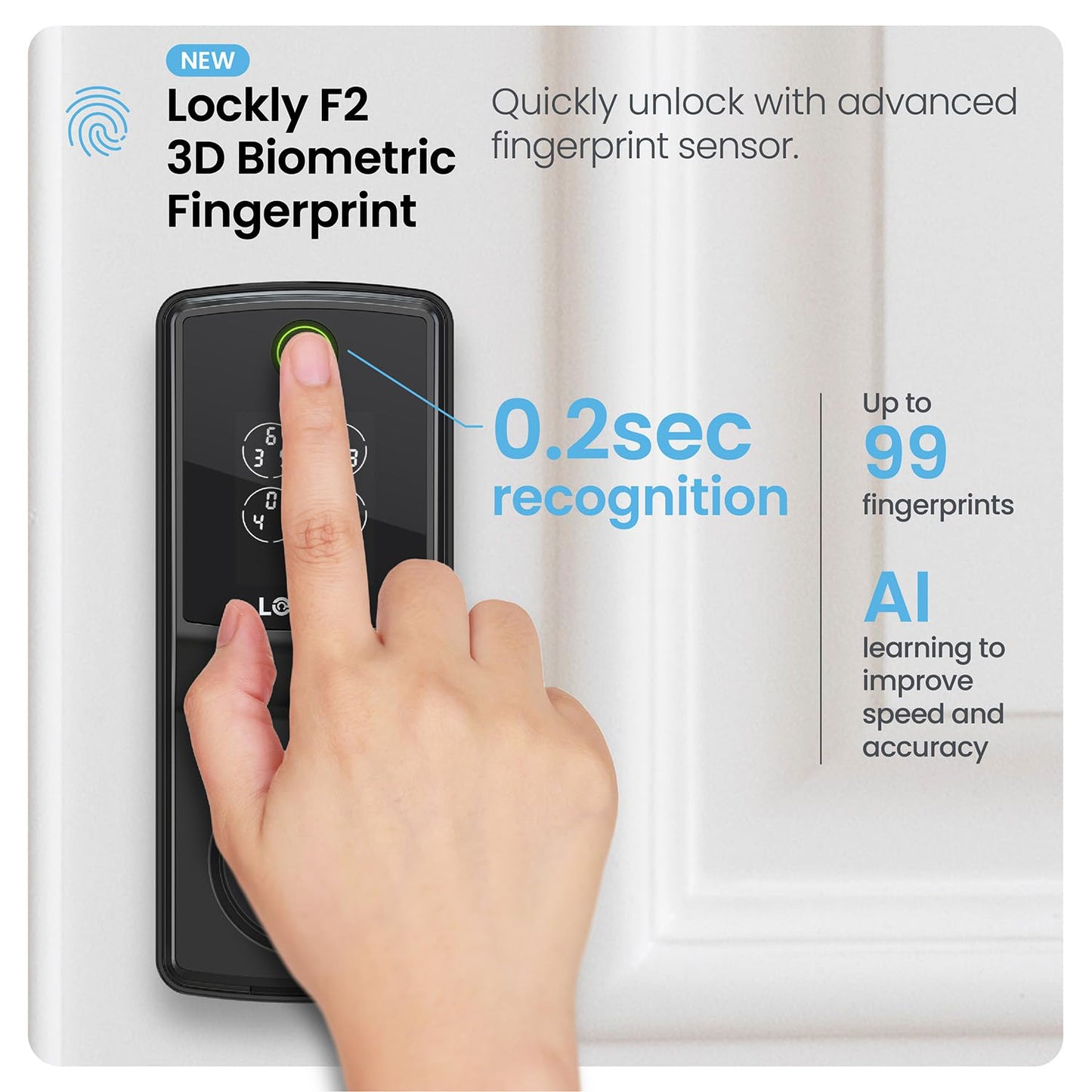 Lockly Secure Pro Smart Lock, 0.2s AI Fingerprint Door Lock, Patented PIN Genie Keypad, Keyless Entry Deadbolt for Front Door, Zinc Alloy, IP65 Waterproof, 2 Backup Keys Included