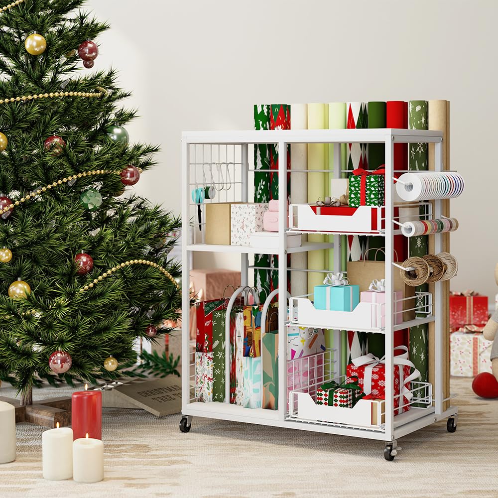 LUCKUP Rolling Wrapping Paper Organizer Cart – Gift Wrap Storage with Wheels, 20 Roll Holders, 3 Drawers & Ribbon Dispenser, Craft Organizer for Christmas, Birthdays, White