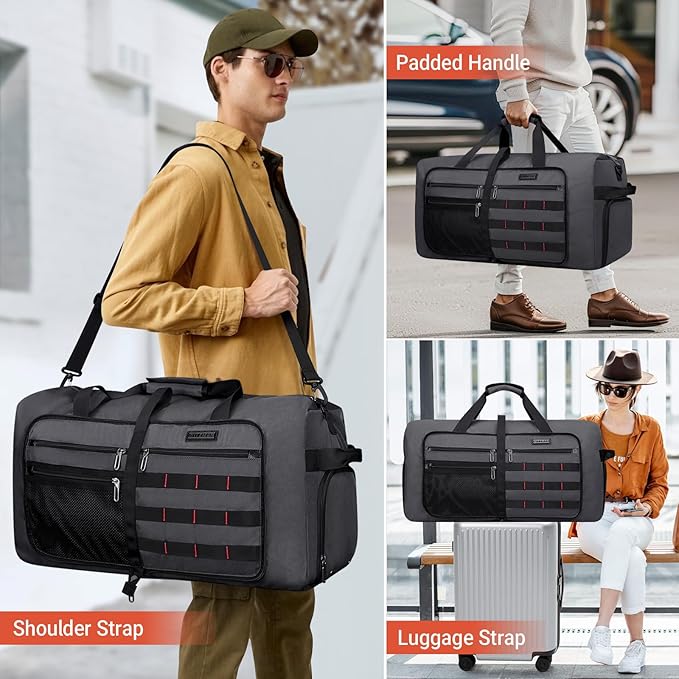 WITZMAN Foldable Duffle Bag for Travel 65L Lightweight Packable Duffel Bag with Shoes Compartment Overnight Bag for Men Women (B697 Silvery Grey)