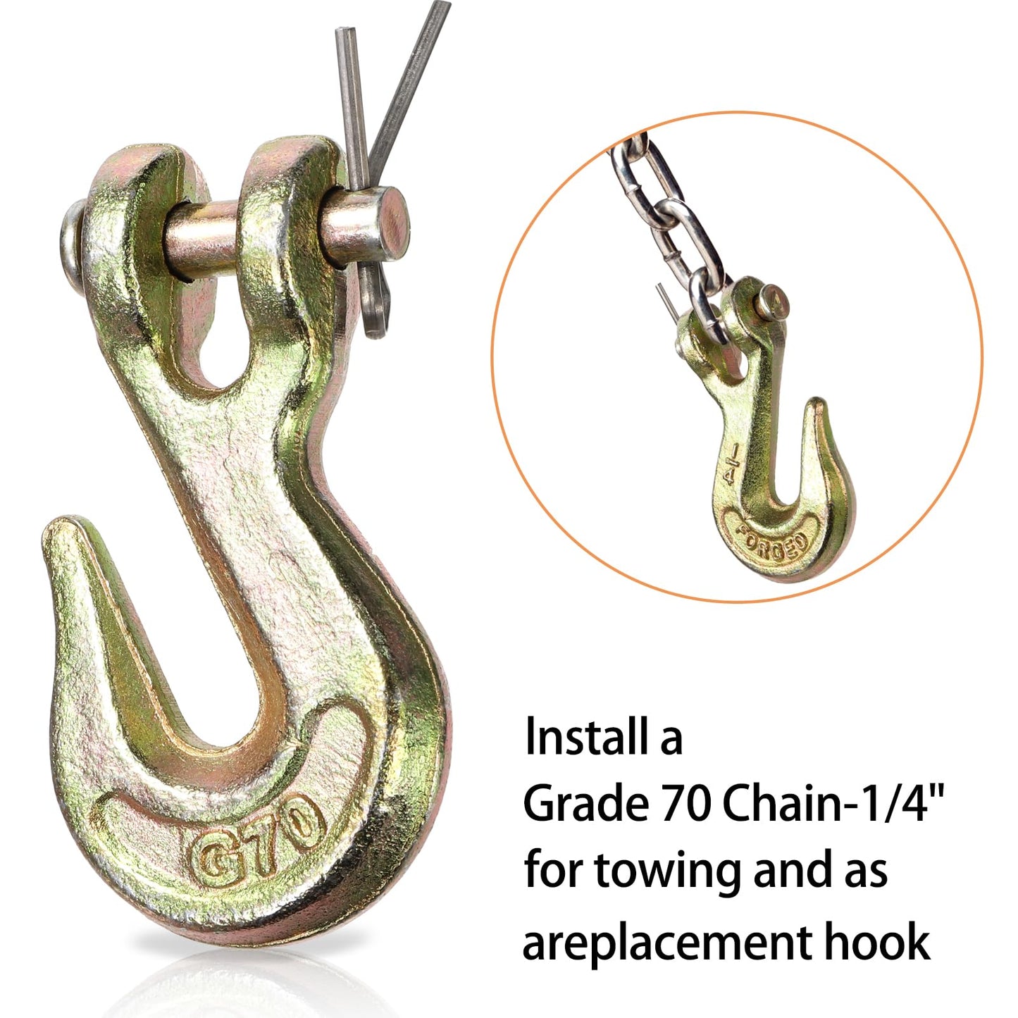 Lawei 10 Pack 1/4 Inch Clevis Grab Hook, G70 Forged Steel Transport Chain Hook, Heavy Duty Safety Chain Hook for Trailer Truck, Chromate Finish Safety Hooks, Suitable for 6mm Chain