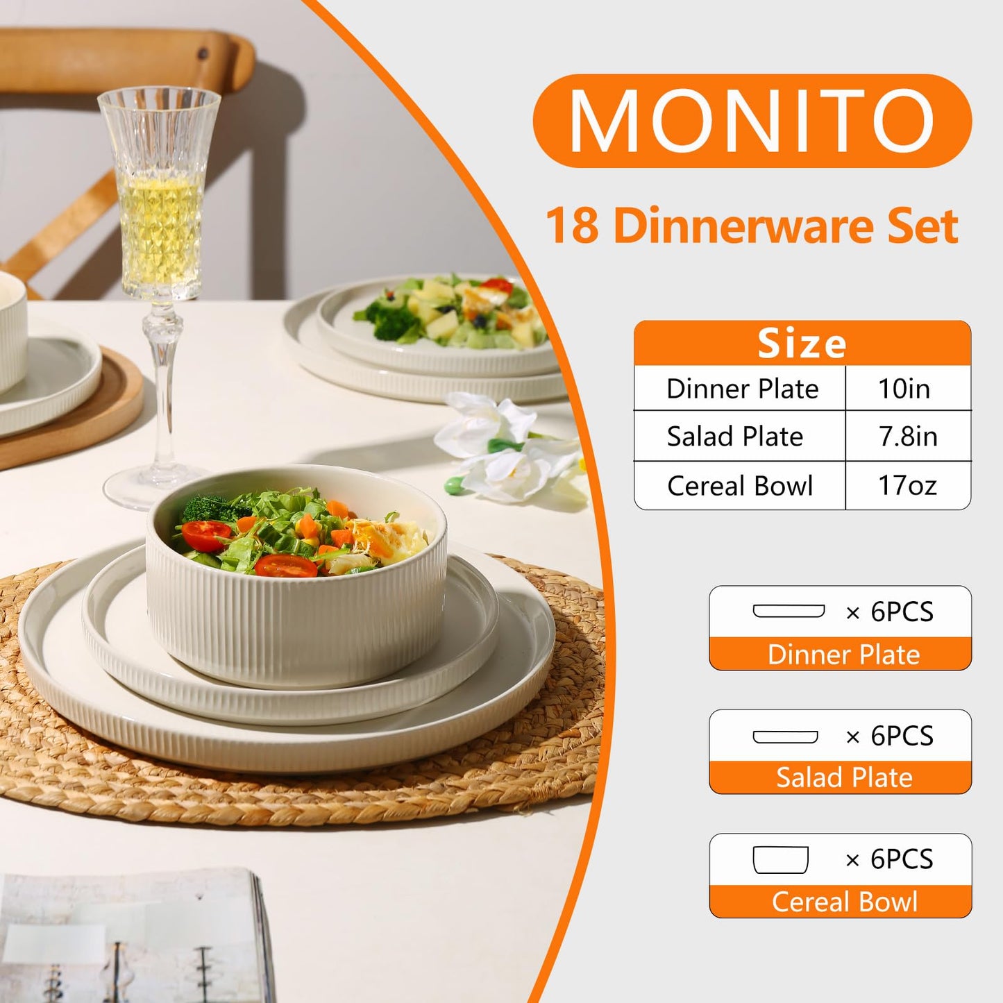 MONITO Ceramic Plates and Bowls Sets for 4, 12PCS Stoneware Dinnerware Sets, Reactive Glaze Dish Set, Chip and Scratch Resistant Double, Microwave and Dishwasher Safe,White