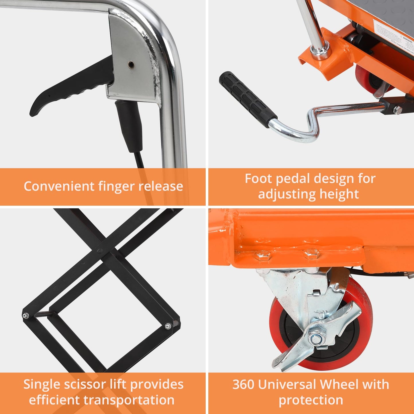 Garvee Manual Hydraulic Scissor Lift Table, 770lbs Capacity Double Scissor Industrial Cart with 4 Wheels, Anti-Slip Platform, 59" Max Height Adjustable Mobile Elevating Cart, Orange