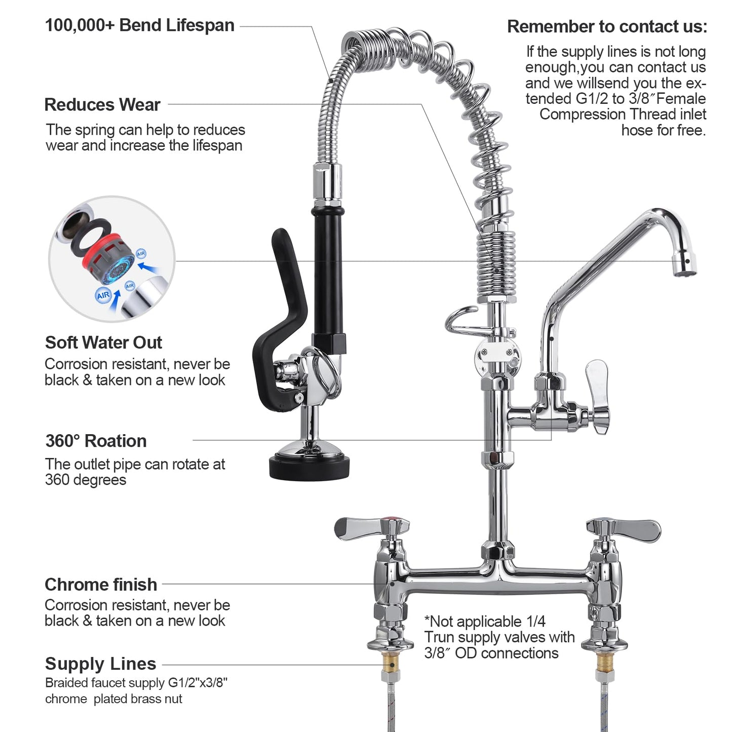 iVIGA Commercial Kitchen Faucet Deck Mount with Pre-Rinse Sprayer 21" Height Kitchen Sink Faucet 8 Inch Center with 10" Add-on Swing Spout Faucet & Coiled Spring Pull Down Spray