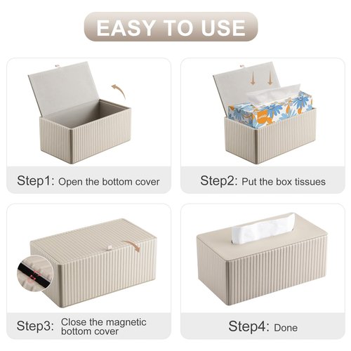 KINGFOM PU Leather Tissue Box Cover Rectangular Tissue Box Holder with Magnetic Bottom, Napkin & Facial Tissue Holder Dispenser for Home, Office for Standard 120-count/160-count (2-Ply) Beige Stripe