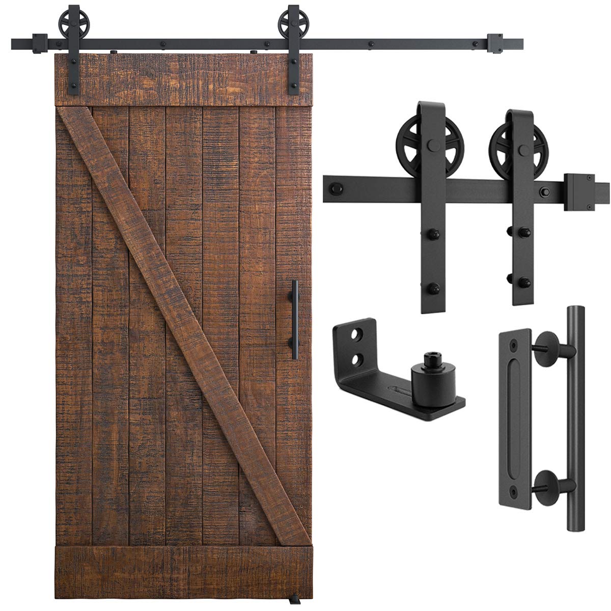 SMARTSTANDARD 6.6ft Heavy Duty Sliding Barn Door Hardware Kit, Black, (Whole Set Includes 1x Pull Handle Set & 1x Floor Guide) Fit 36"-40" Wide Door Panel (Big Industrial Wheel Hangers)