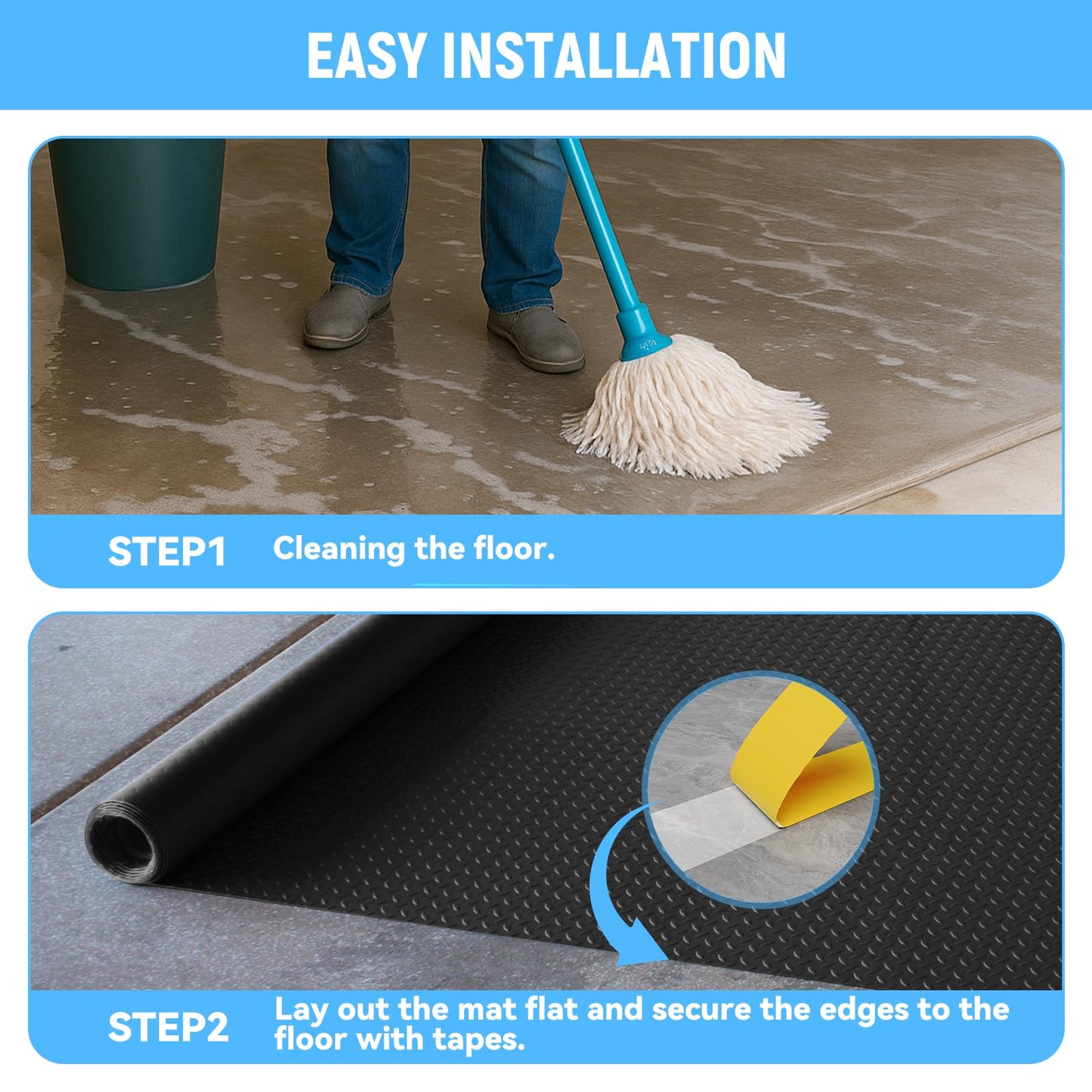 NarwooAuto 8x25 FT Garage Floor Mat, 2.8mm Thickened PVC Flooring Roll for Under Car, 200 SQFT Diamond Plate Black Garage Mats for Garage, Warehouse, Basement, Gyms, Trailer（Included Tapes）