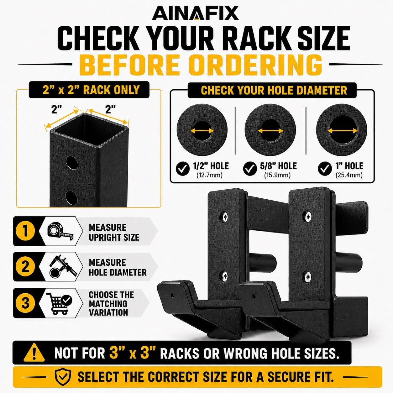 AINAFIX J Hooks for 2" x 2" Power Rack with 1" Hole, Rubber Pad J-Hook for Power Cage, Bottom Reinforced Steel J Cups for Squat Rack, Heavy Duty Barbell Holder, Black