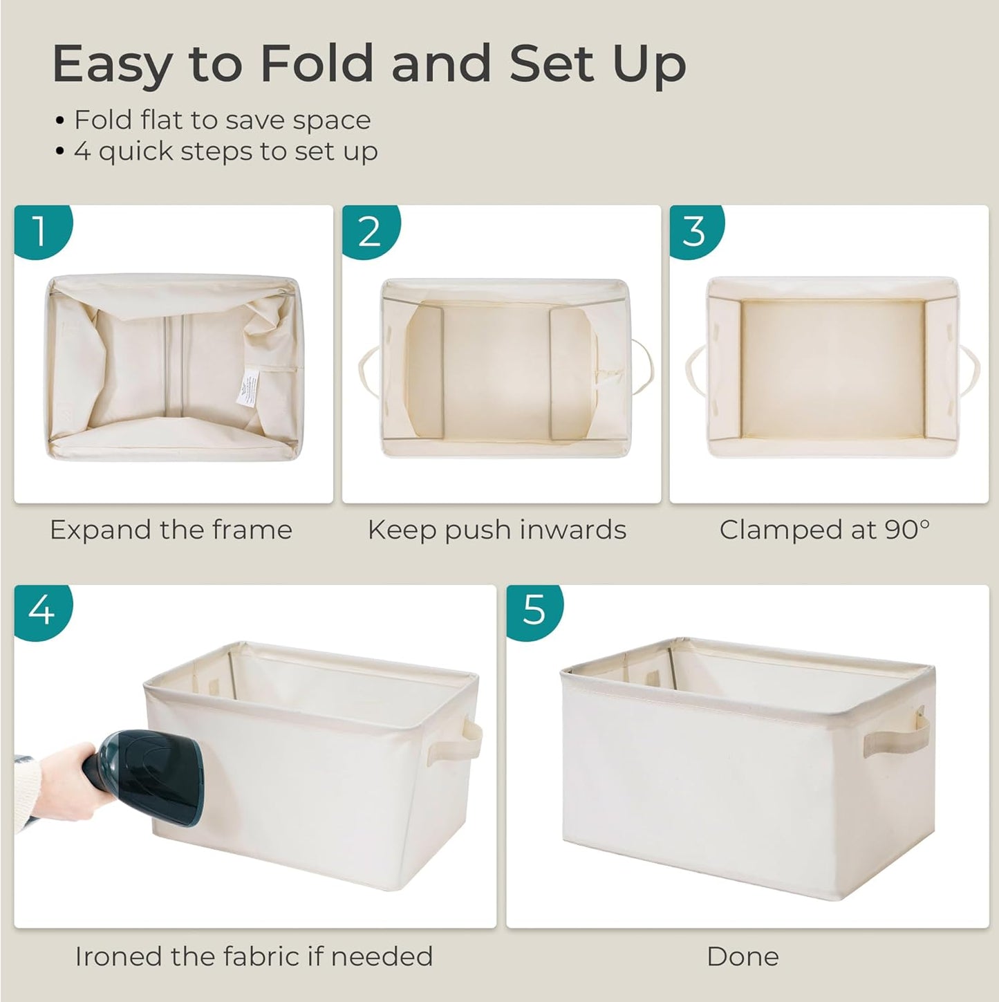 Storage Basket Bins - Large Collapsible Fabric Organizers with Metal Frame | 3-Pack Beige for Home & Office