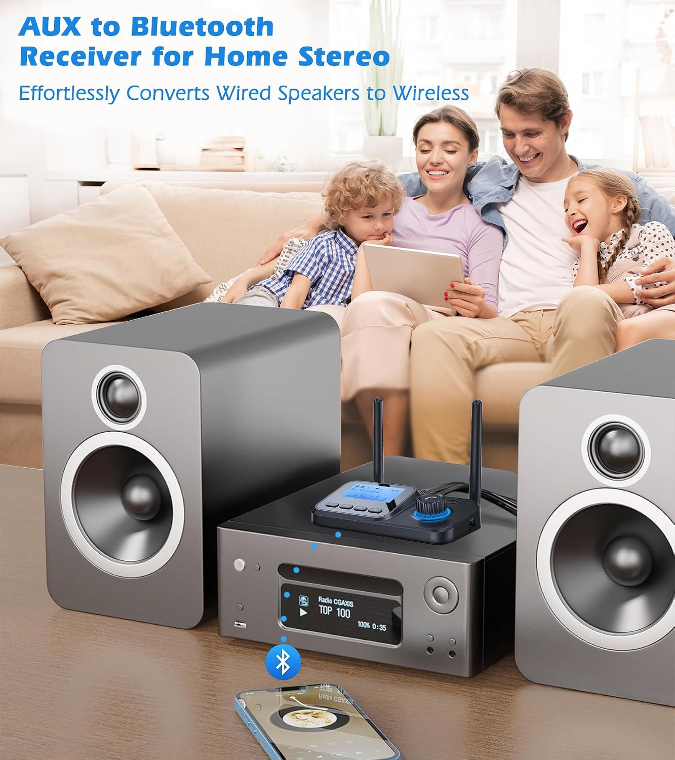 KAIY 2 2 1 Bluetooth Transmitter for TV Dual Link to Headphones, in Wireless Audio Adapter Receiver for Home Stereo