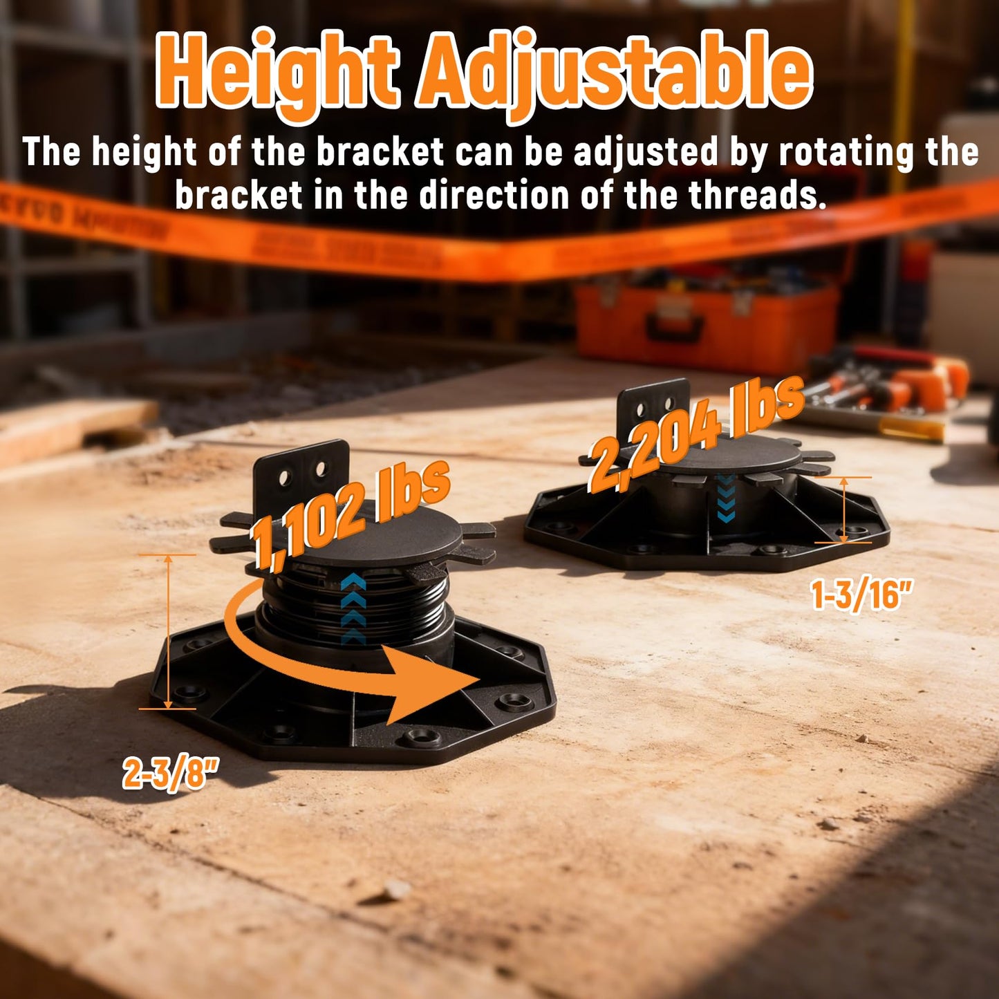 24 Pack Deck Support Pedestal with Joist Tape, Deck Support Plastic Adjustable Height from 1-3/16“ to 2-3/8”, Adjustable Deck Support for WPC Floating Deck Platforms (Unilateral Keel Slot)