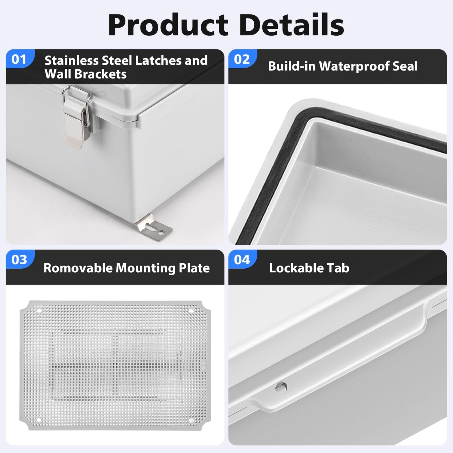RTHIEAI Waterproof Outdoor IP67 Junction Box(20.1"x16.1"x7.9") with Mounting Plate, Hinged Grey Cover and Wall Brackets - Weatherproof ABS Plastic Electrical Enclosure for DIY Projects(510x410x200mm)