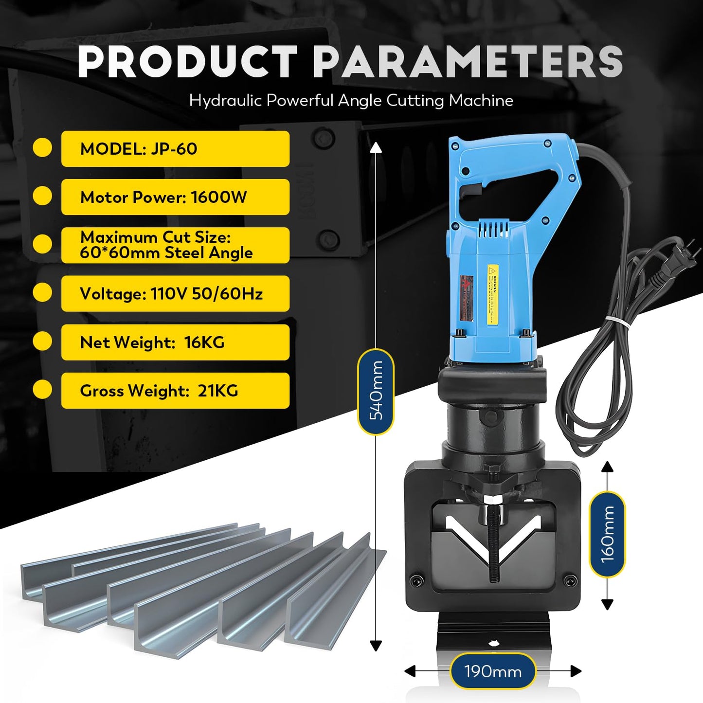 CGOLDENWALL 1600W Hydraulic Angle Iron Steel Cutter Electric Hydraulic Angle Iron Steel Cutting Tool Cutting Machine for Stainless Steel Angle Steel Angle Iron CE&ROHS Certificate 110V