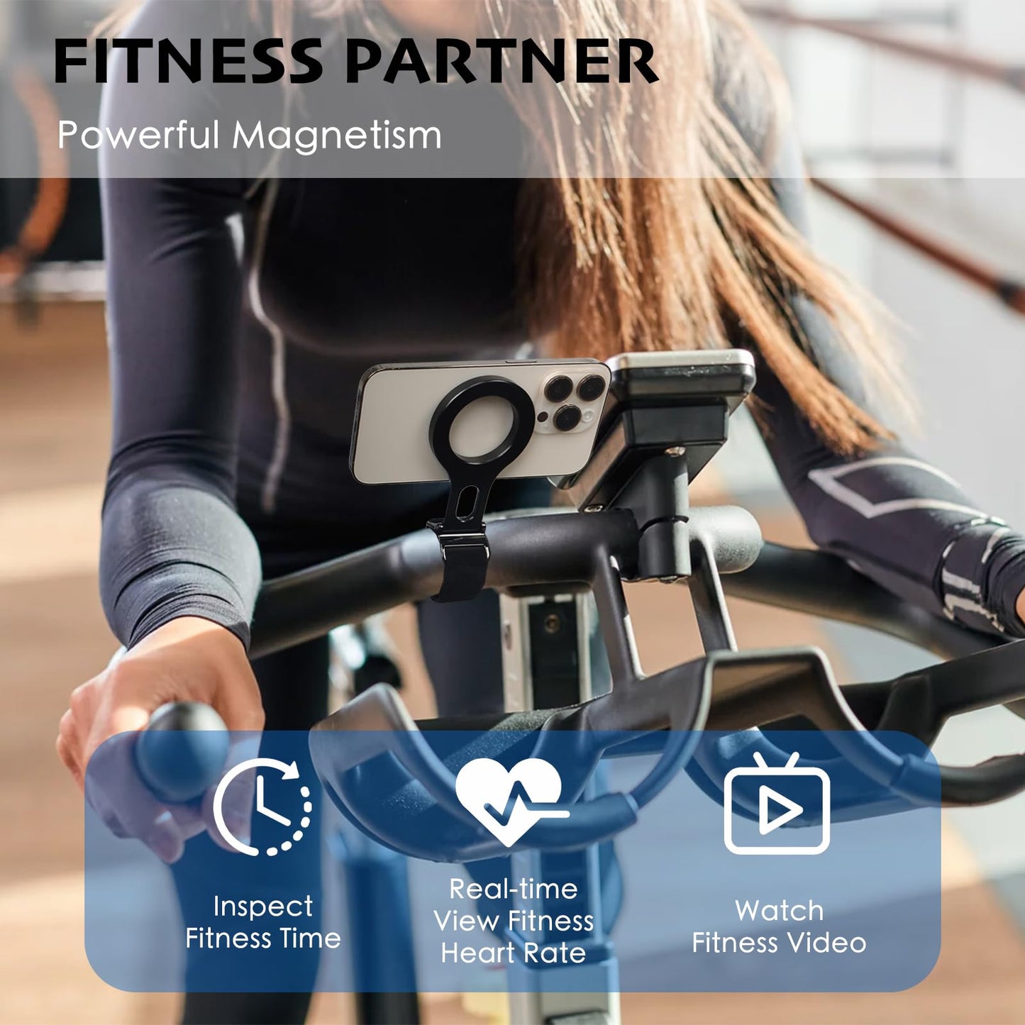 Magnetic Phone Holder for Stroller Bar, Compatible with MagSafe (Strong Magnet) - 180° Adjustable for Gym, Home Fitness Bikes, Shopping Cart, with Adjustable Strap, All Phone (Magnetic Ring Included)