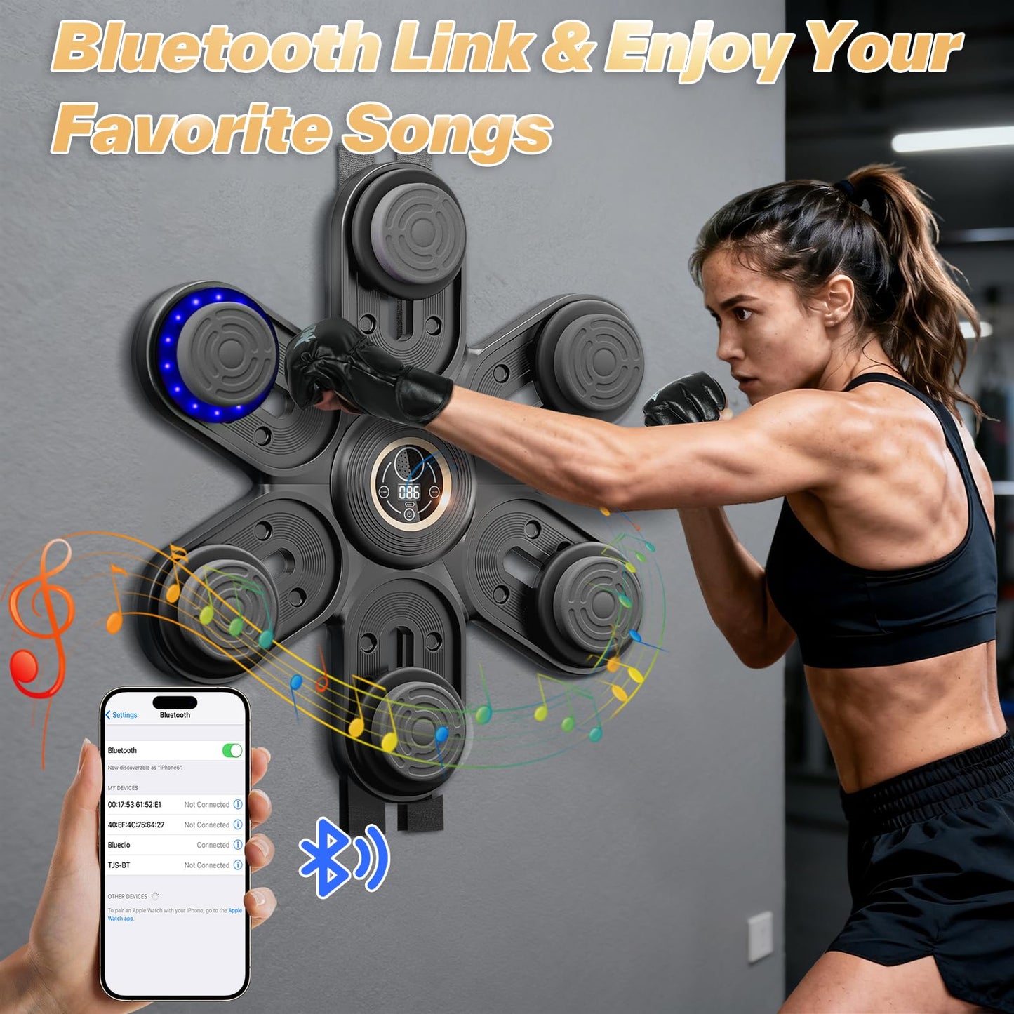 Sportneer Music Boxing Machine for Kids and Adults, Bluetooth Smart Music Punching Machine with Gloves and Movable Punching Pads, Wall Mounted Boxing Training Equipment for Home Gym Office Gift