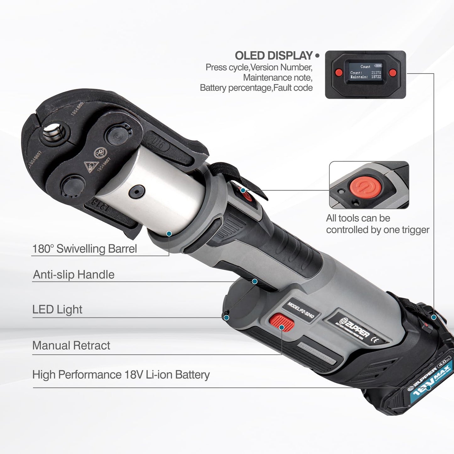 ZUPPER Press Tool, 18V Electric Pipe Crimping Tool for 1/2" to 2" Copper Pipes, Standard Press Tool Kit Suitable for Copper ProPress fittings - with 6 VUS Press Jaws, 2pcs 4AH Battery
