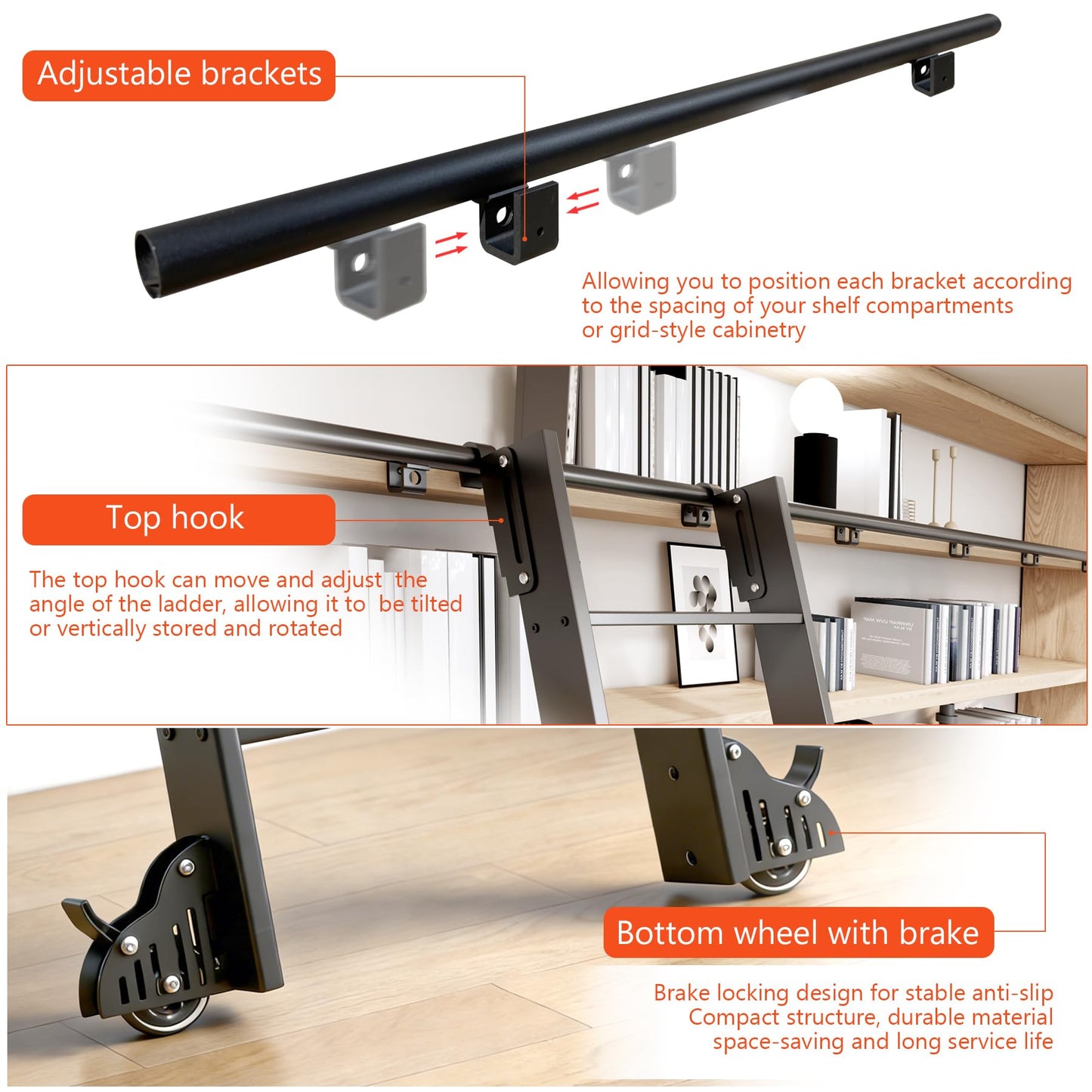 87" Sliding Library Ladder, Black +12FT Rolling Track Kit