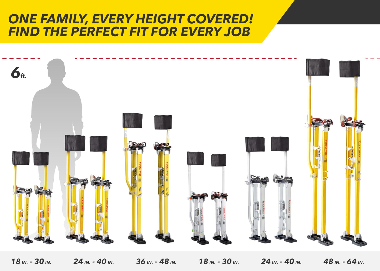 ToolPro Professional Grade Adjustable Drywall Stilts - for Drywall Installation, Painting, and More. Soft Strap Bands to Reduce Soreness and Smoother use (24-40 in., Aluminum)