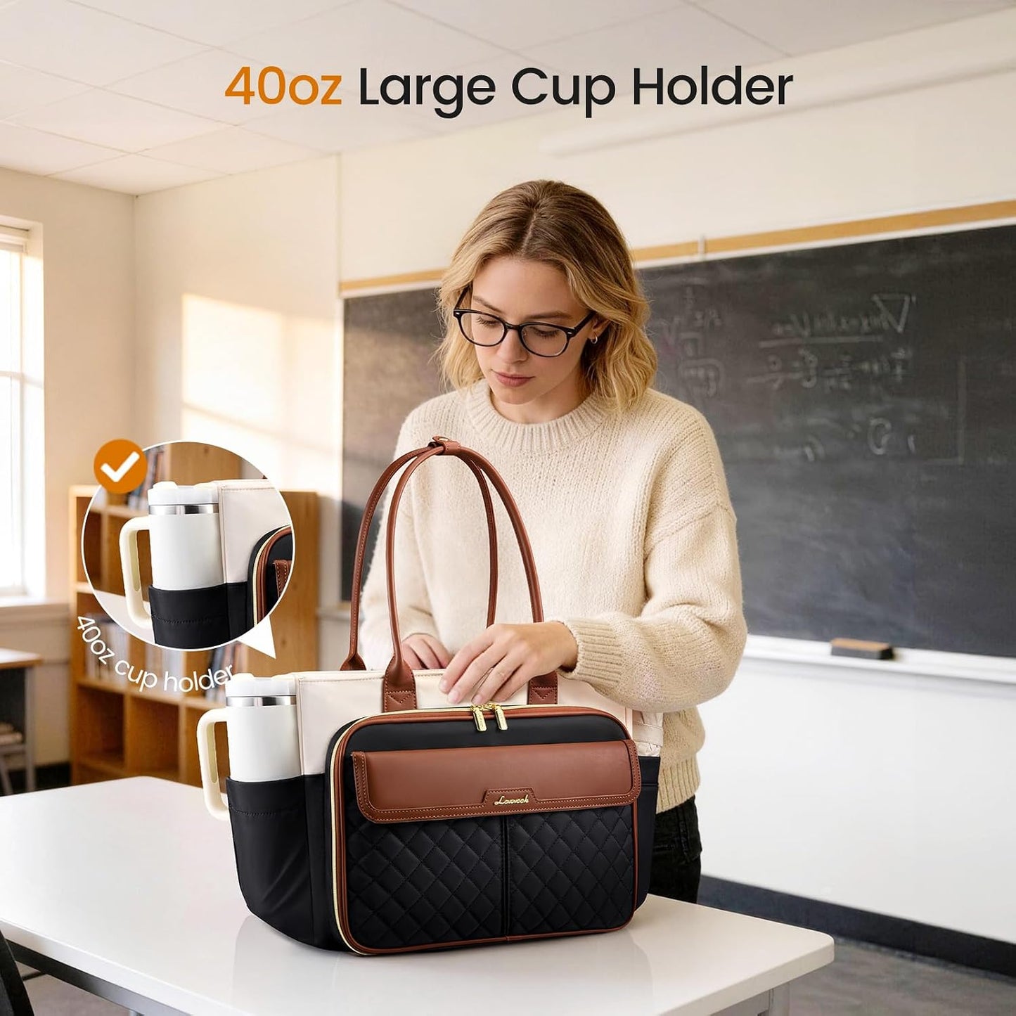 40oz LOVEVOOK Teacher Tote Bag for Women, Laptop Bag Briefcase with Accordion File Pocket, Nurse Handbag for Work