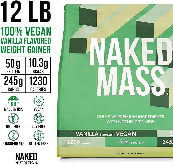 NAKED Vegan Mass - Vanilla Vegan Weight Gainer - 1,230 Calories, Non-GMO, Soy & Gluten Free, No Artificial Ingredients - 12LB Bulk - 17 Servings