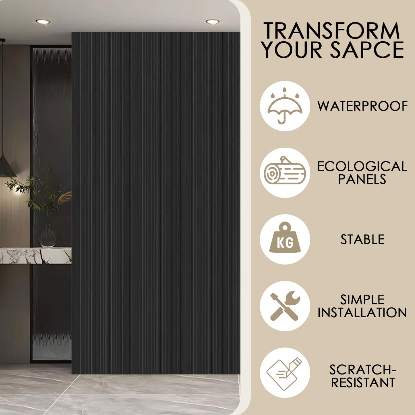 Artbrix 8-Pack 3D Slat Wall Panels — Soundproof Faux Wood Wall Panels for Interior Décor, 47.2" x 6.3", Modern Cladding for Living Room, Bedroom, Office — Black Finish