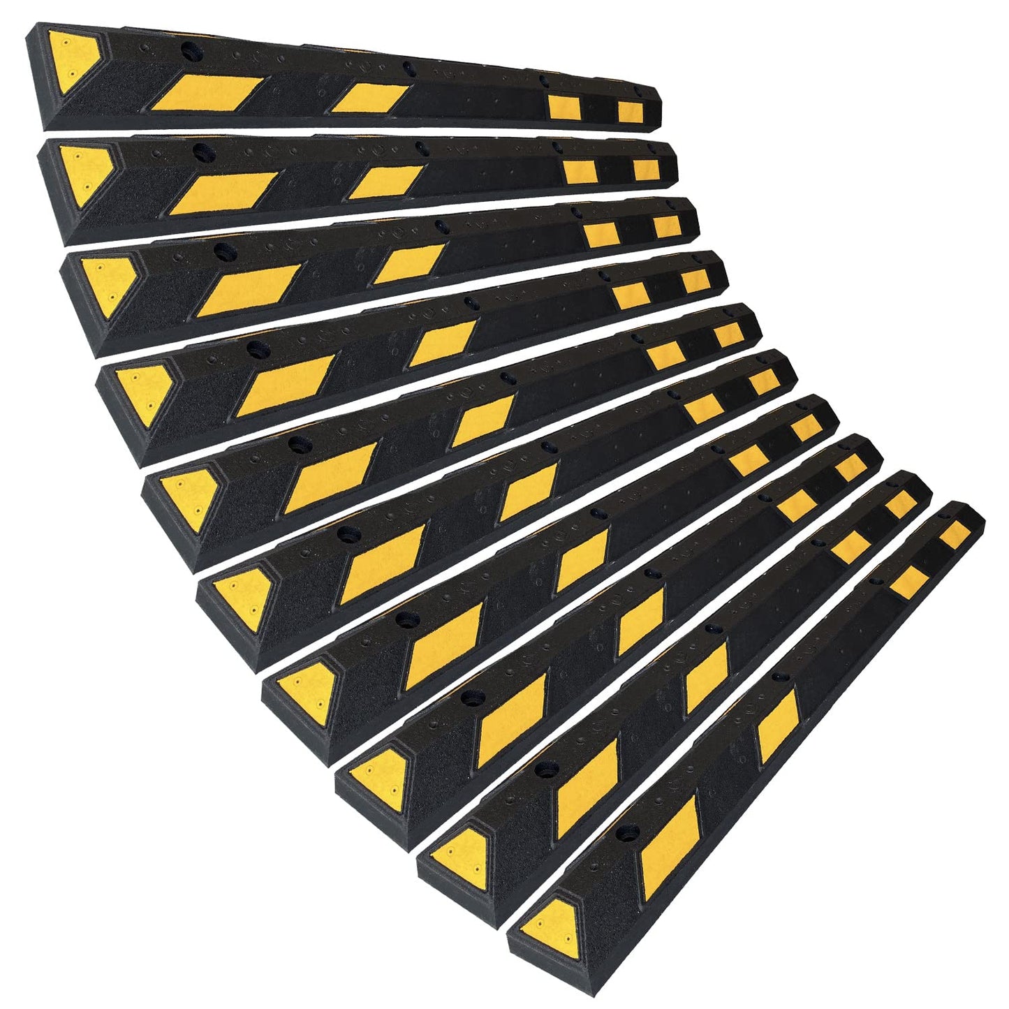 SmartSign Rubber Parking Curb, (Pack of 10) Heavy Duty Parking Stops with Yellow Reflective Stripe Chevrons, 72" Long (6ft), Wheel Stops for Parking Lots/Garage/Cars/Trucks, Pre-Drilled Holes