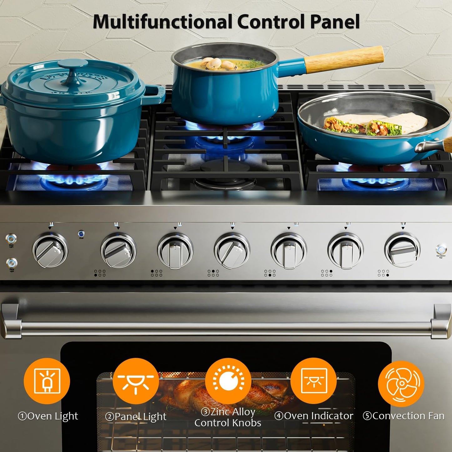 Empava 36 Inch Gas Range with 6.0 Cu. Ft. True Convection, 18,000 BTU Power Burner for Searing, 6 Sealed Burners, Convertible NG/LP, Stainless Steel Stove with Oven, CSA Certified