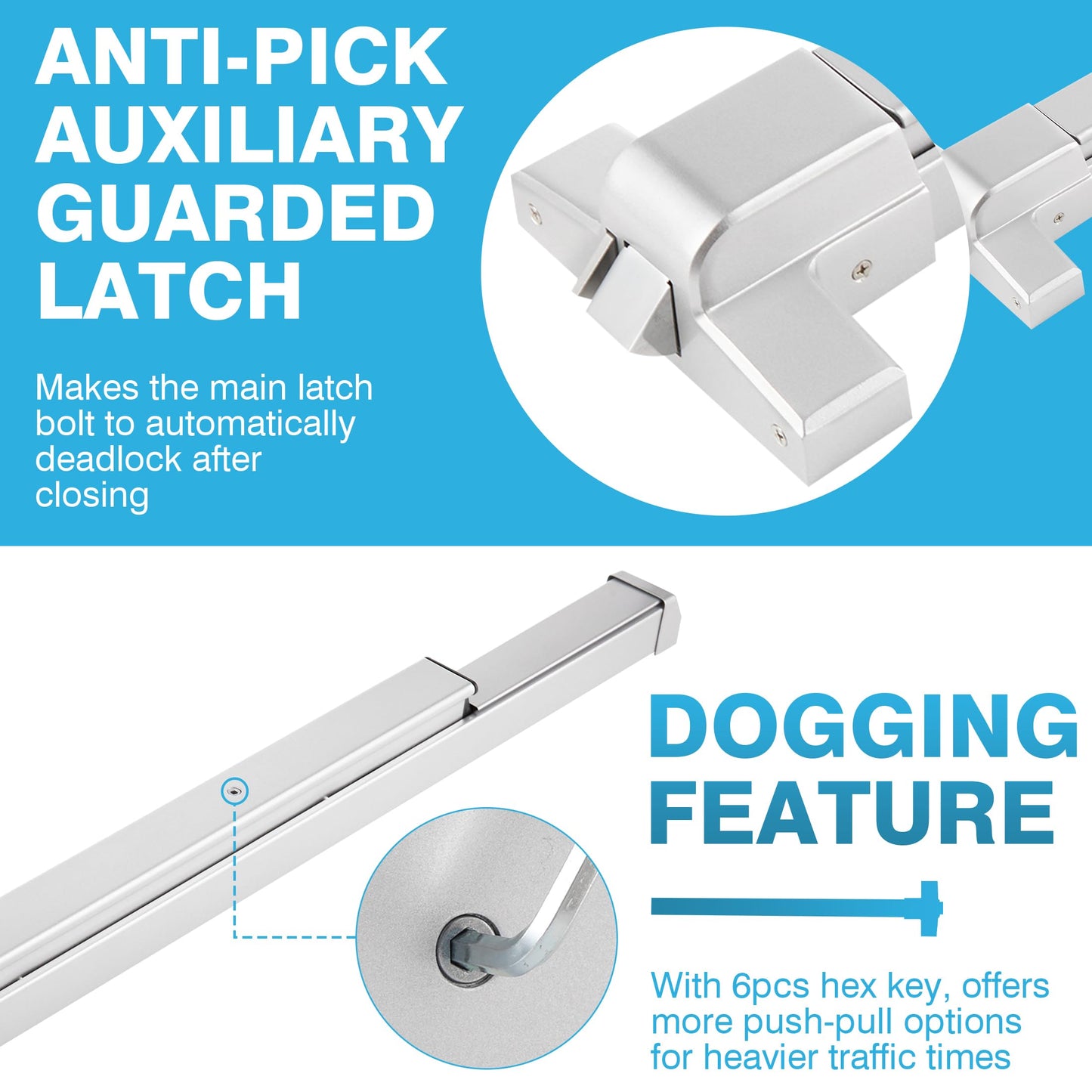 IRONWALLS Panic Bars for Exit Doors 32 Inch, Silver Commercial Push Bar Panic Exit Device Stainless Steel with Exterior Door Lever Handle, Emergency Exit Panic Door Hardware for 32”-47” Doors