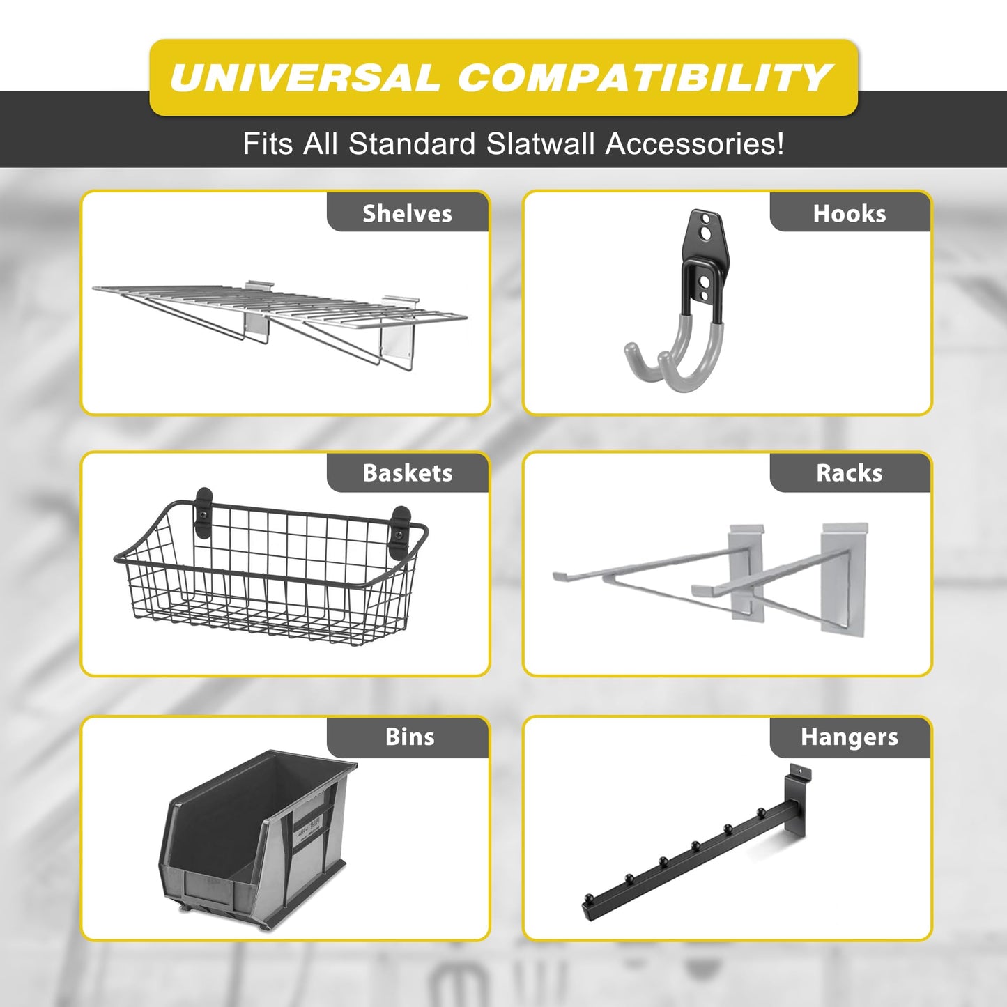 Slatwall Panel Garage Wall Organizer Storage Systems, Wall Mounted PVC Storage Rack with 10 Hooks, Interlocking Workshop Slat Wall Paneling Sheets Board Shelves Tools Organization-Grey (8’H x 4’W)