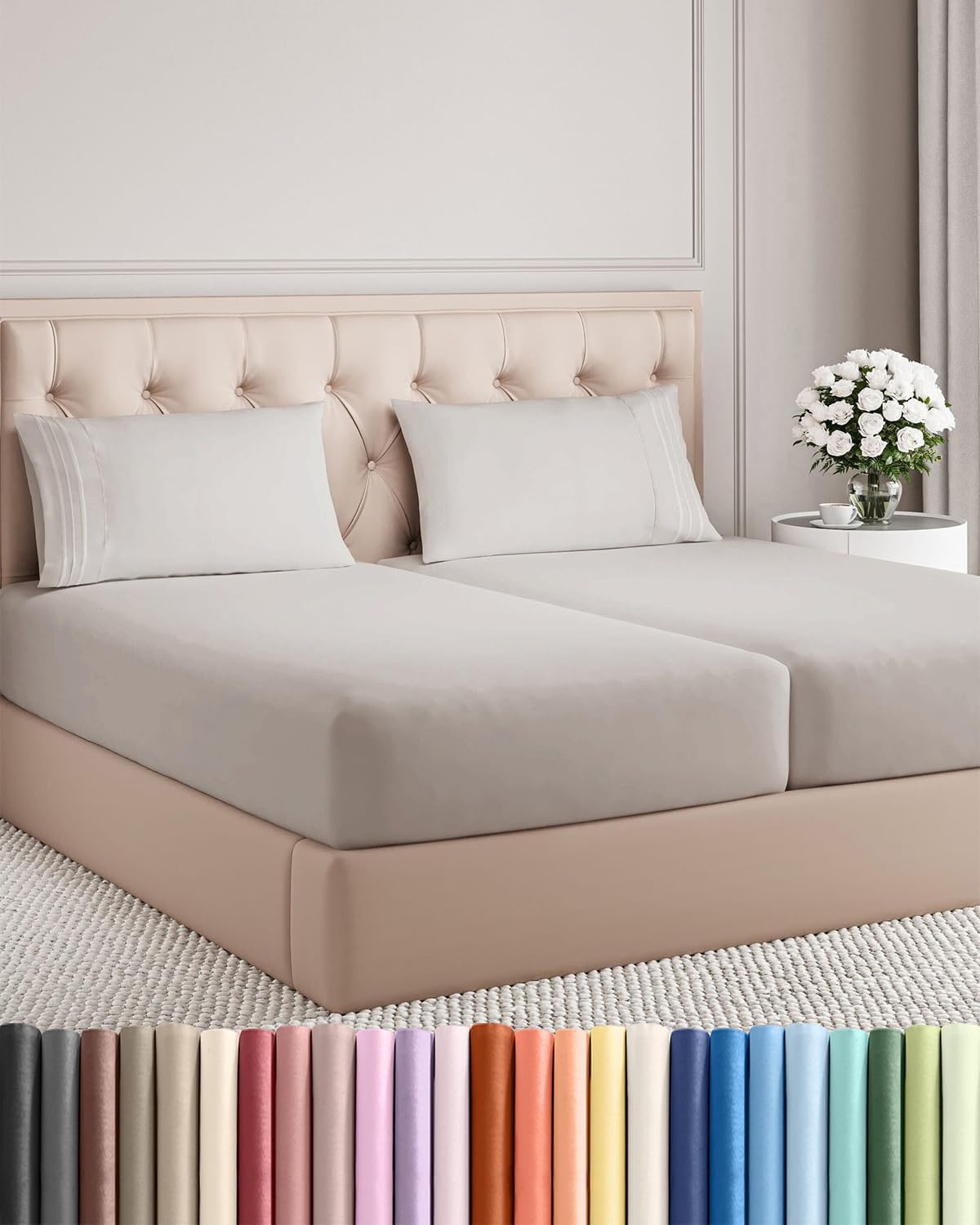 Split King Size 5-Piece Sheet Set - Comfy Cooling Bed Sheets for Luxurious Sleep - Oeko-Tex Certified - Light Grey