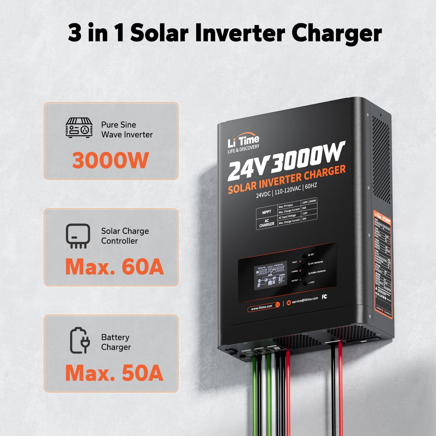 LiTime Solar Inverter Charger, 3000W DC 24V to AC 120V Pure Sine Wave Inverter with 60A MPPT Charge Controller, 50A AC Battery Charger, Uninterrupted Power Supply (UPS), RS485 Communication