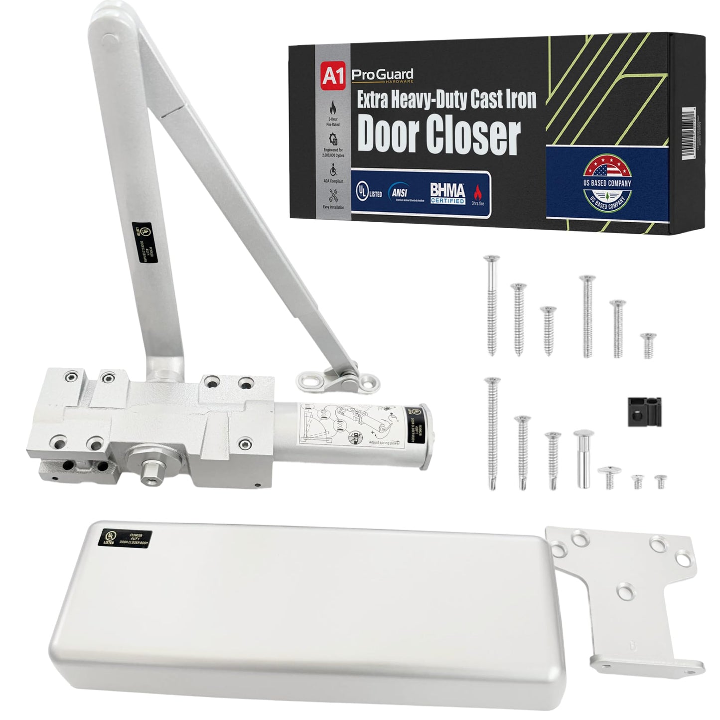 A1 ProGuard Extra Heavy Duty Auto Door Closer Commercial UL Grade 1 - Cast Iron Adjustable 6-Speed Delayed-Action Hydraulic Closer, Self-Closing, ADA Compliant.