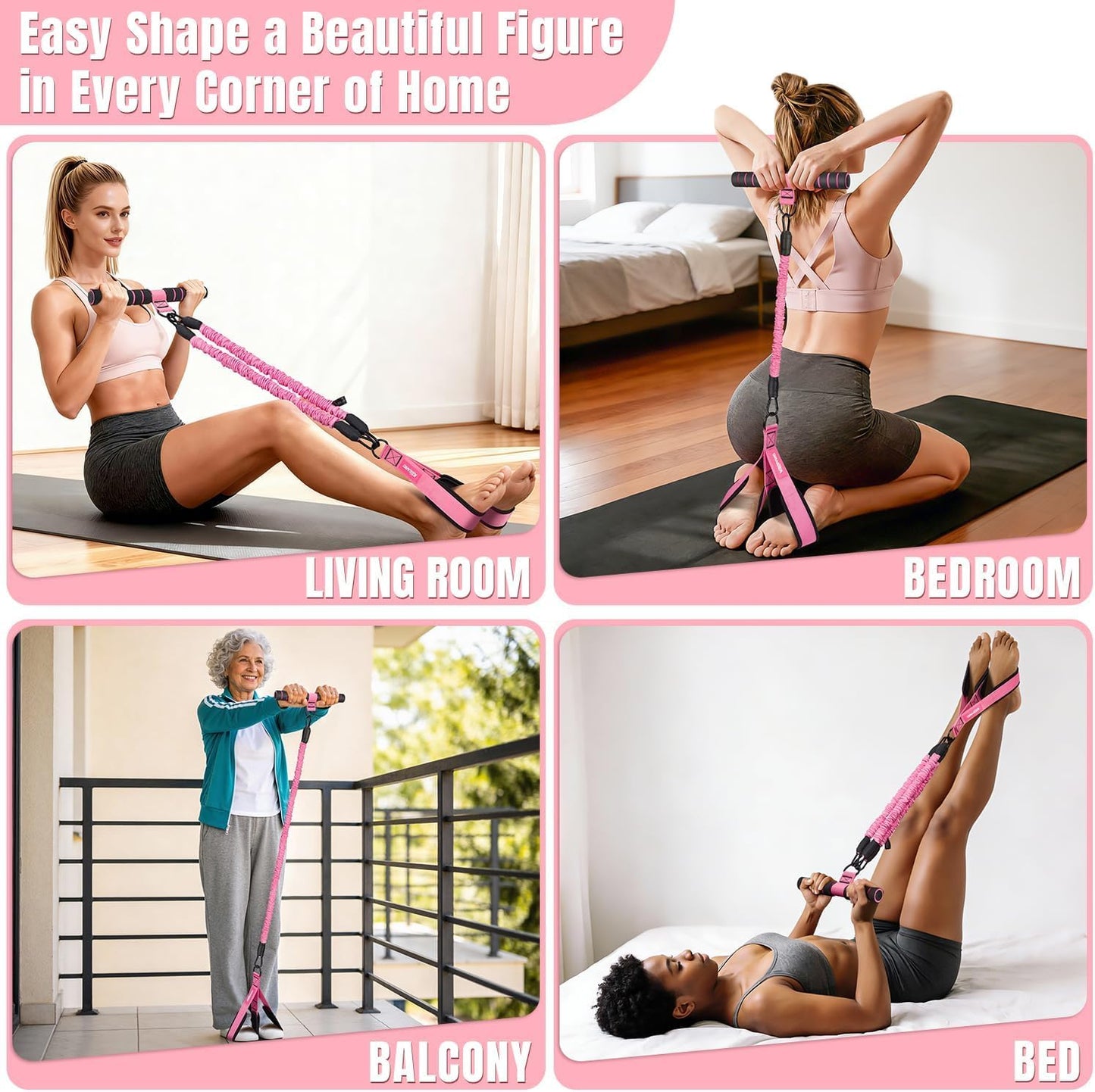 KUZARO Upgraded Multifunction Pedal Resistance Band with Handle, 3 Tube Adjustable Resistance Bands for Abdomen, Waist, Arm, Core/ABS, Leg Workout - Sit Up Exercise Equipment for Women