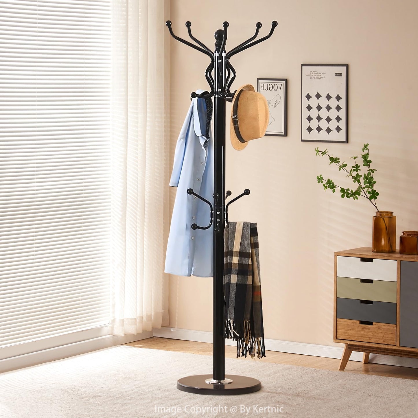 Kertnic Freestanding Coat Rack with 18 Hooks & Marble Base - Heavy Duty Metal Hall Tree Stand for Entryway, Hats, Coats, Bags Rack- Modern Hanger Organizer for Home, Office, Dorm (18 hooks -Black)