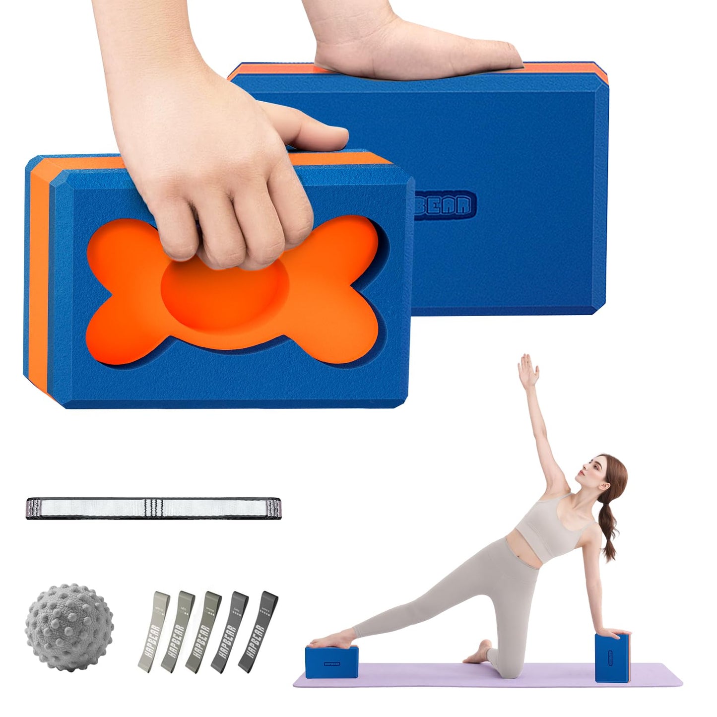 HAPBEAR Yoga Blocks 2 Pack - 9x6x3in High-Density EVA Foam with Non-Slip Textured Surface, Supportive for Deep Stretching & Lightweight - Ideal for Yoga, Pilates - Blue