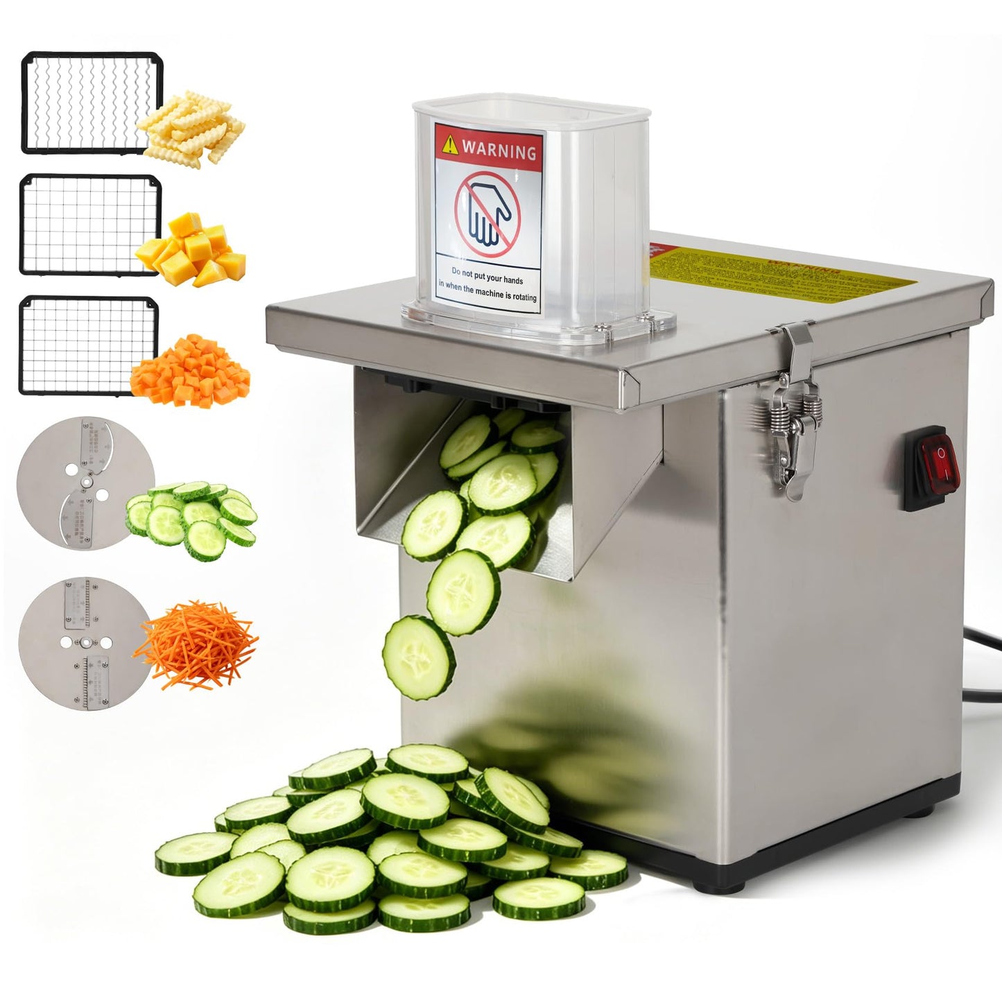 4-In-1 Electric Vegetable Chopper – 330 lbs/hr, 200W Motor, Slice/Dice/Shred/Wavy Cut, Stainless Steel, Large Feed Chute, Safety Shut‑off – for Restaurant & Home Kitchen