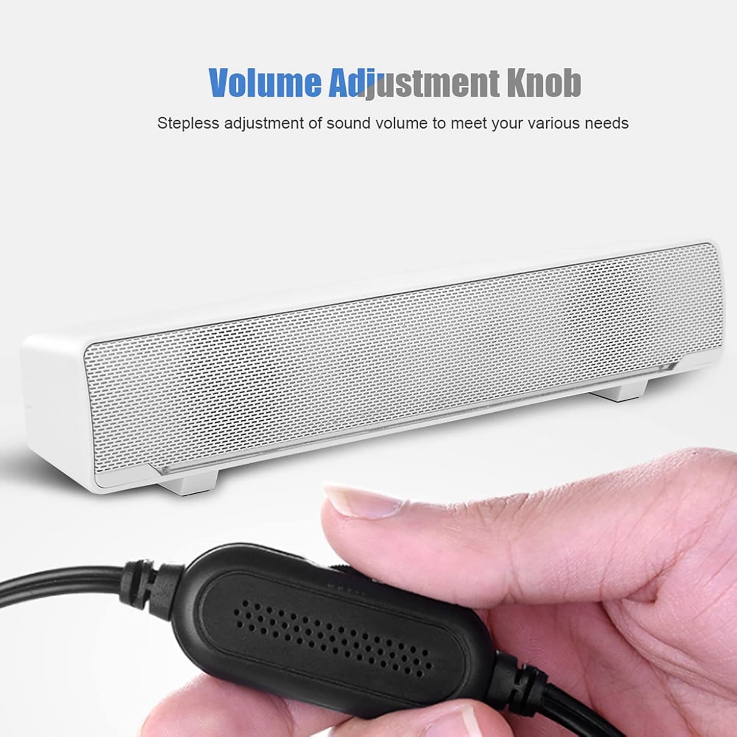 Beufee V-196 3.5mm 2.0 Computer Sound Bar, White USB Powered Input Channel Stereo Soundbar with Volume Knob and Blue