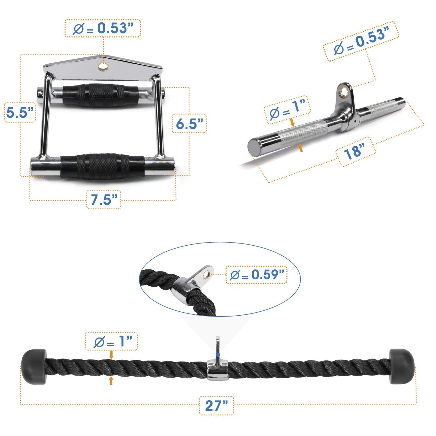 Yes4All Combo Double D Handle, Tricep Rope & V-Shape Bar, Multi Cable Machine Accessories, Tricep Press Down Cable Machine Attachment, LAT Pulldown Attachments for Home Gym Set