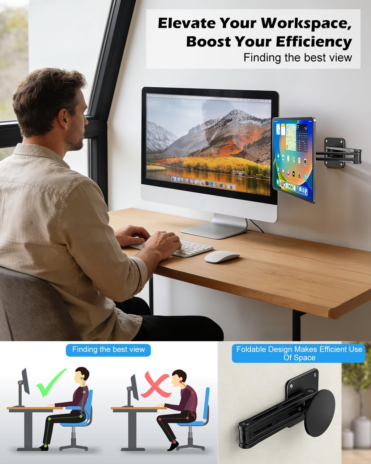 CloudValley 360Rotating 4.7-13" Foldable iPad Wall Mount Holder Compatible with MagSafe, with Base Adjustable Tablet