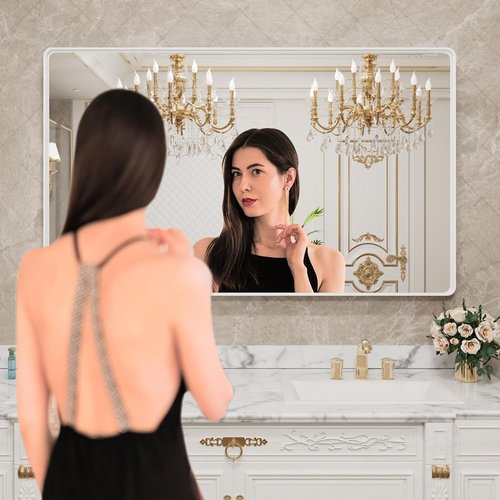LOAAO Bathroom Mirror - 55x30 Inch White Metal Framed Vanity Mirror | Large Rounded Rectangle, Anti-Rust, Tempered Glass