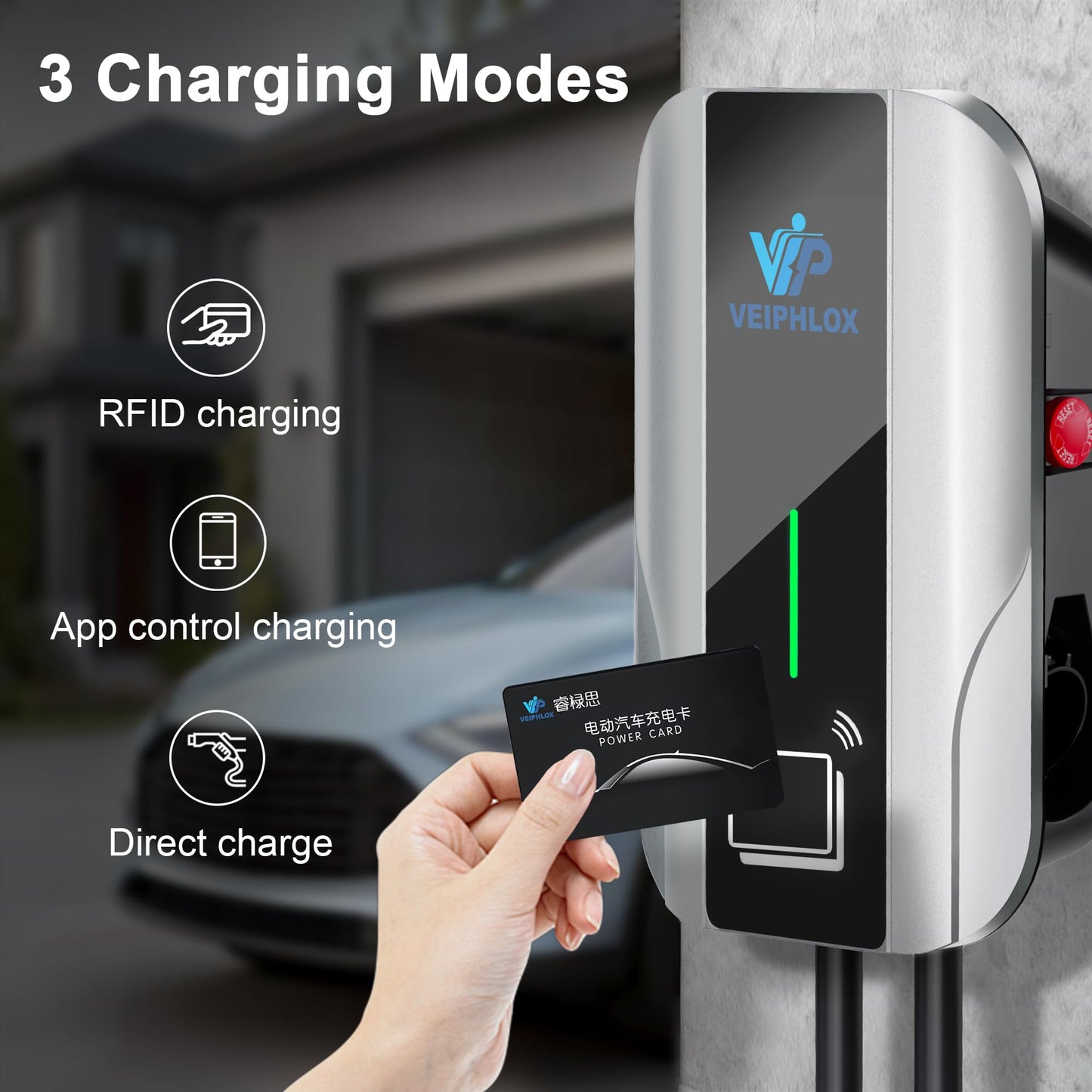 VEIPHLOX Level 2 EV Charger, 40 Amp 240V, w/ J1772 Connector, WiFi (2.4GHz) Enabled Electric Vehicle Charging Station, 25ft Cable, NEMA 14-50 Plug, IP65 Weatherproof Indoor/Outdoor, RFID & App Control