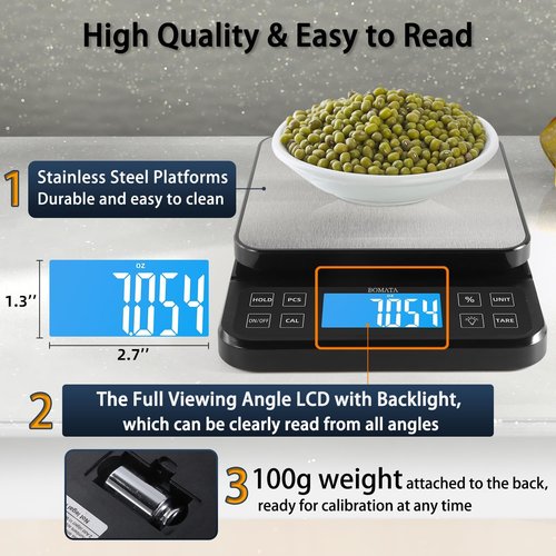 BOMATA High Precision Kitchen Scale - 5kg/11lb USB Rechargeable Bakery Scale with LCD Display