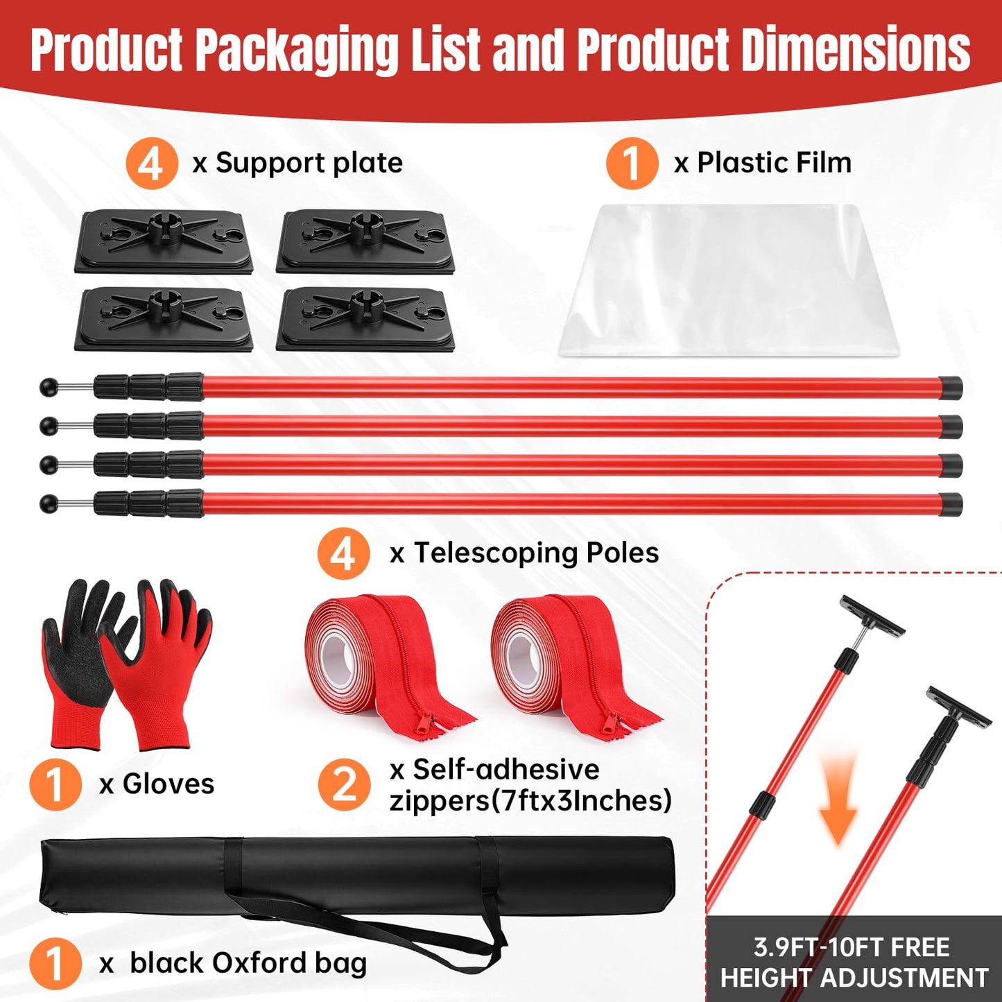 10FT Dust Barrier Poles Kit, 4 Pack Spring Retractable Zip Poles, with Heavy Duty Plastic Sheeting (32.8x13.1FT), 2 Zippers & Gloves, for Dust Barrier System, Renovation, Painting, Construction