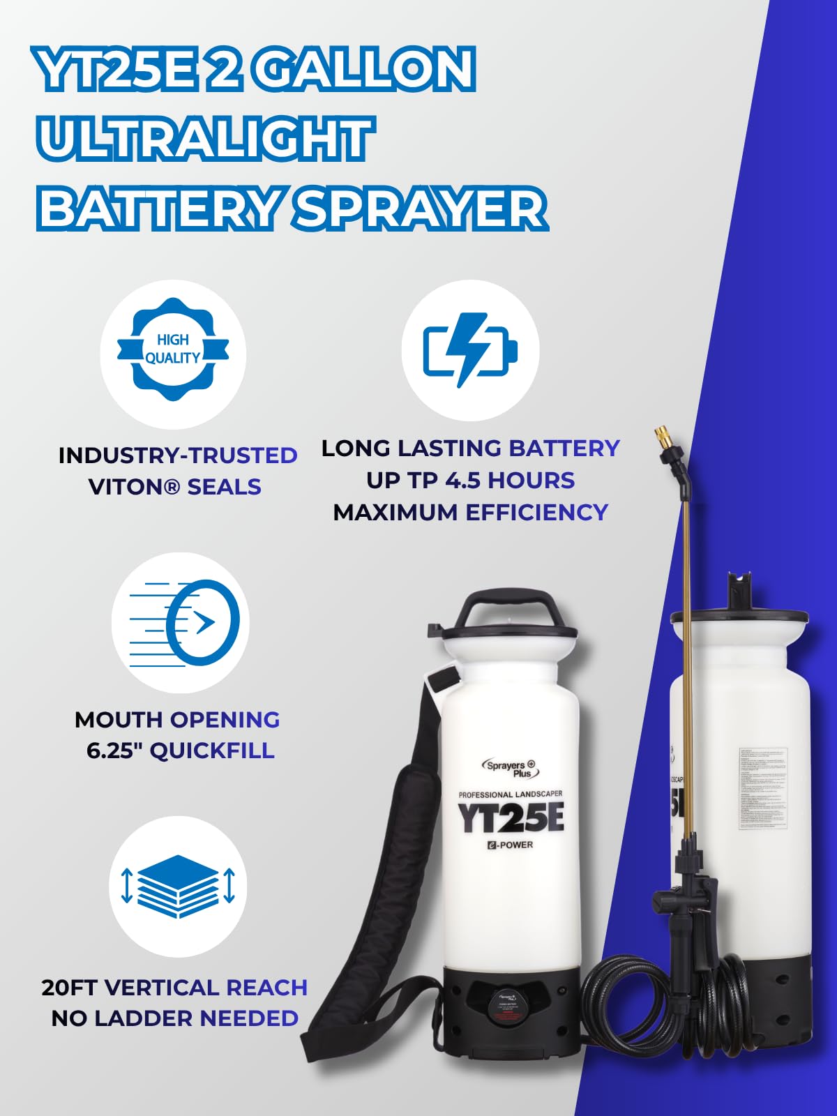 Sprayers Plus YT25E Battery Powered Sprayer 2 Gallon, Rechargeable with 12V Lithium-ion Electric Sprayer,Chemical Resistant Brass Wand Nozzle,Viton Seals for Long Distance Lawn Care